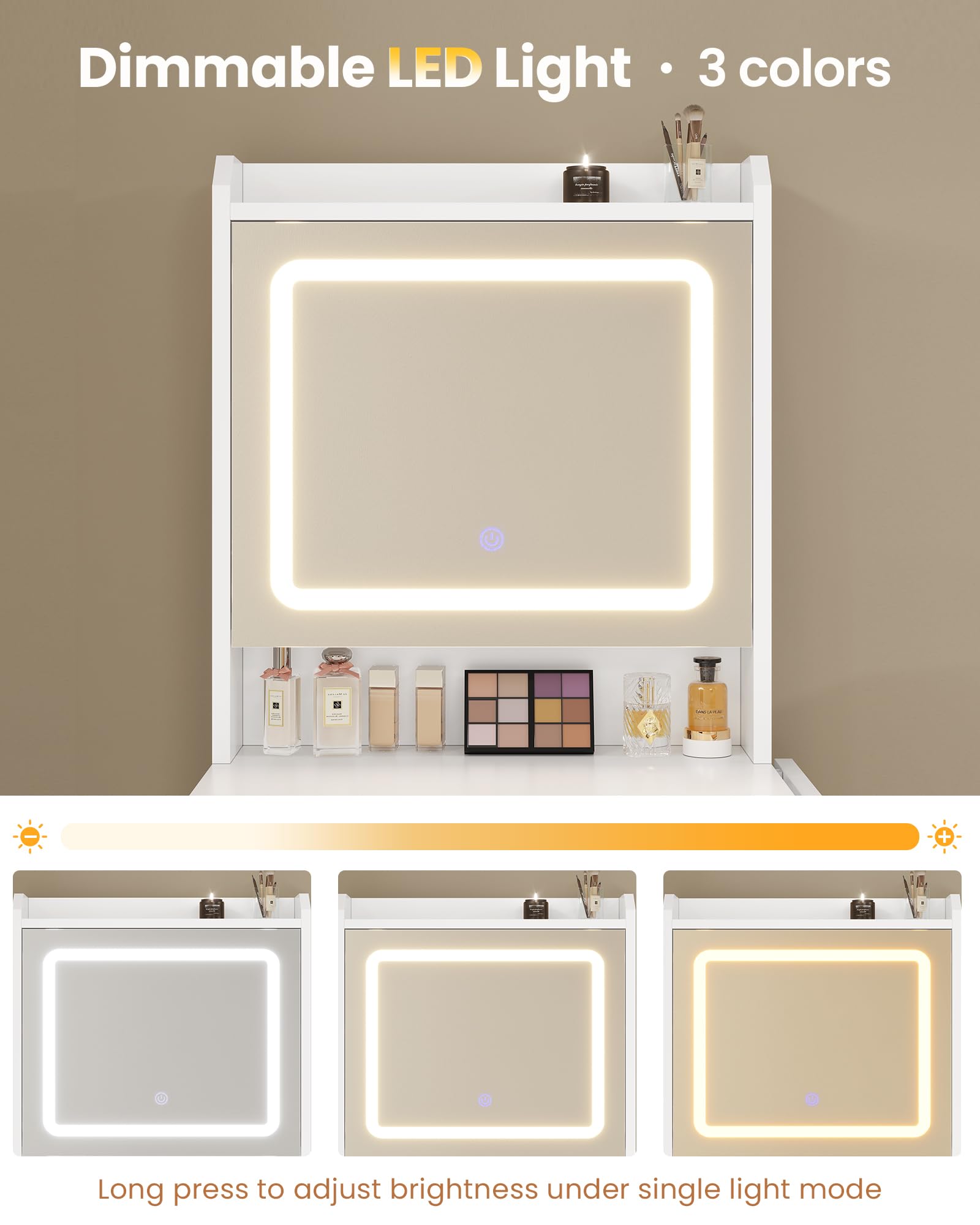 Toeletta Con Luci LED - Tavolo da Trucco Piccolo Con Sgabello, 3 Tonalità, Luminosità Regolabile, 1 Pannello Pieghevole, Specchio, Ripiani Regolabili, Bianco