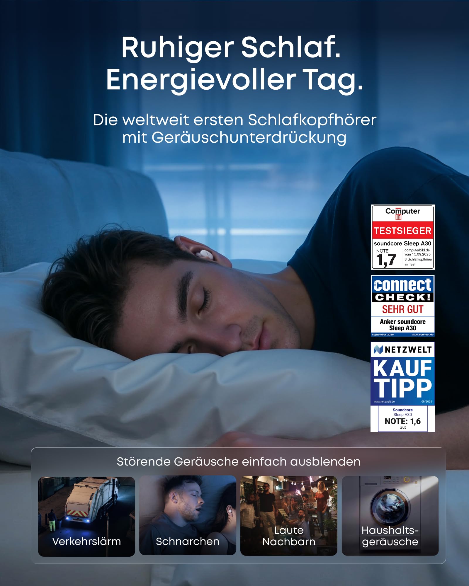 soundcore Sleep A30 von Anker, Schlafkopfhörer, Geräuschmaskierung, Bluetooth-Kopfhörer, adaptives Schnarchmaskierungssystem, Ultra-komfortabel für Seitenschläfer, 45h Akku