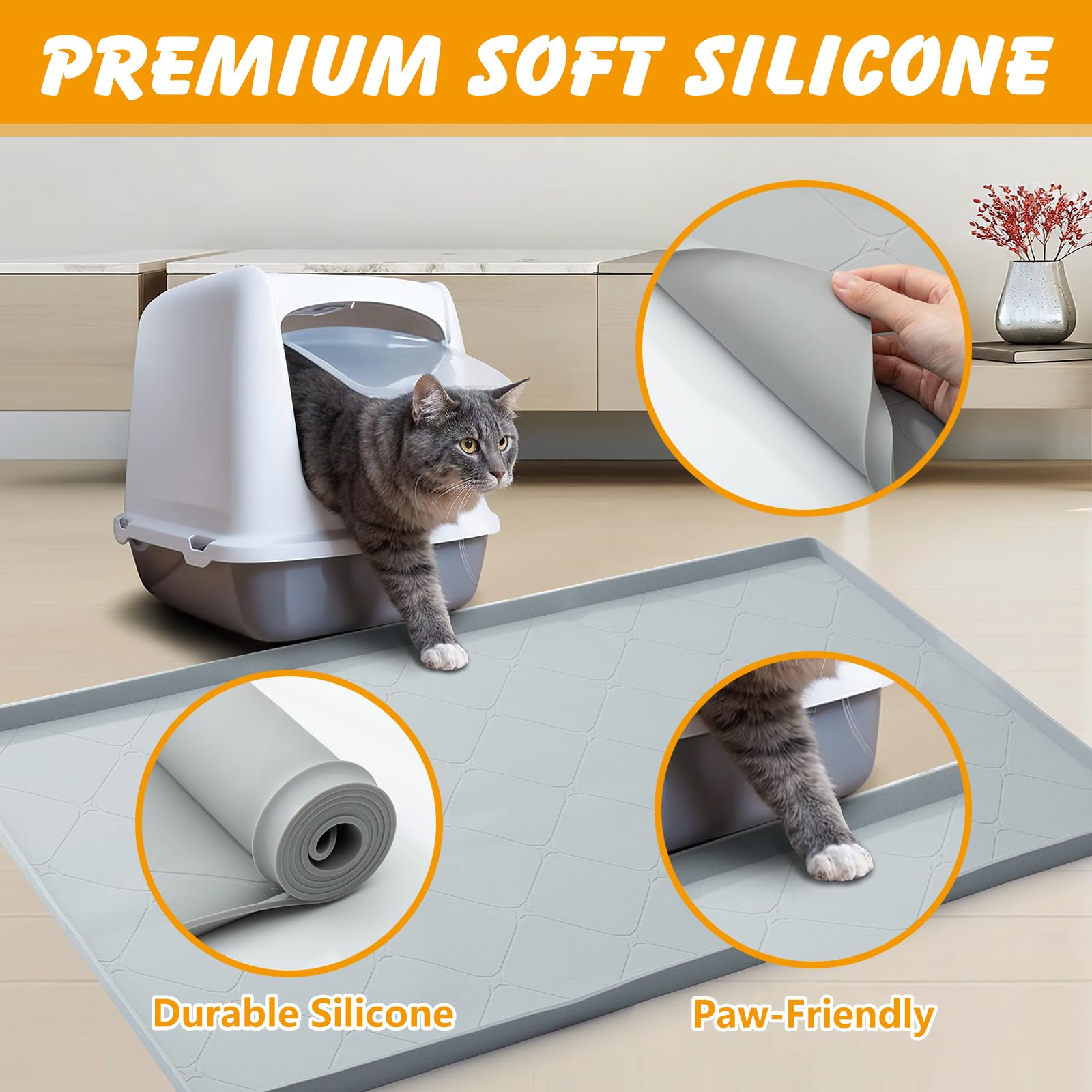 Tappetino per lettiera per gatti, grande, 101 x 56 cm, tappetino per lettiera per gatti, impermeabile, in silicone per l'alimentazione e protezione del pavimento (grigio)