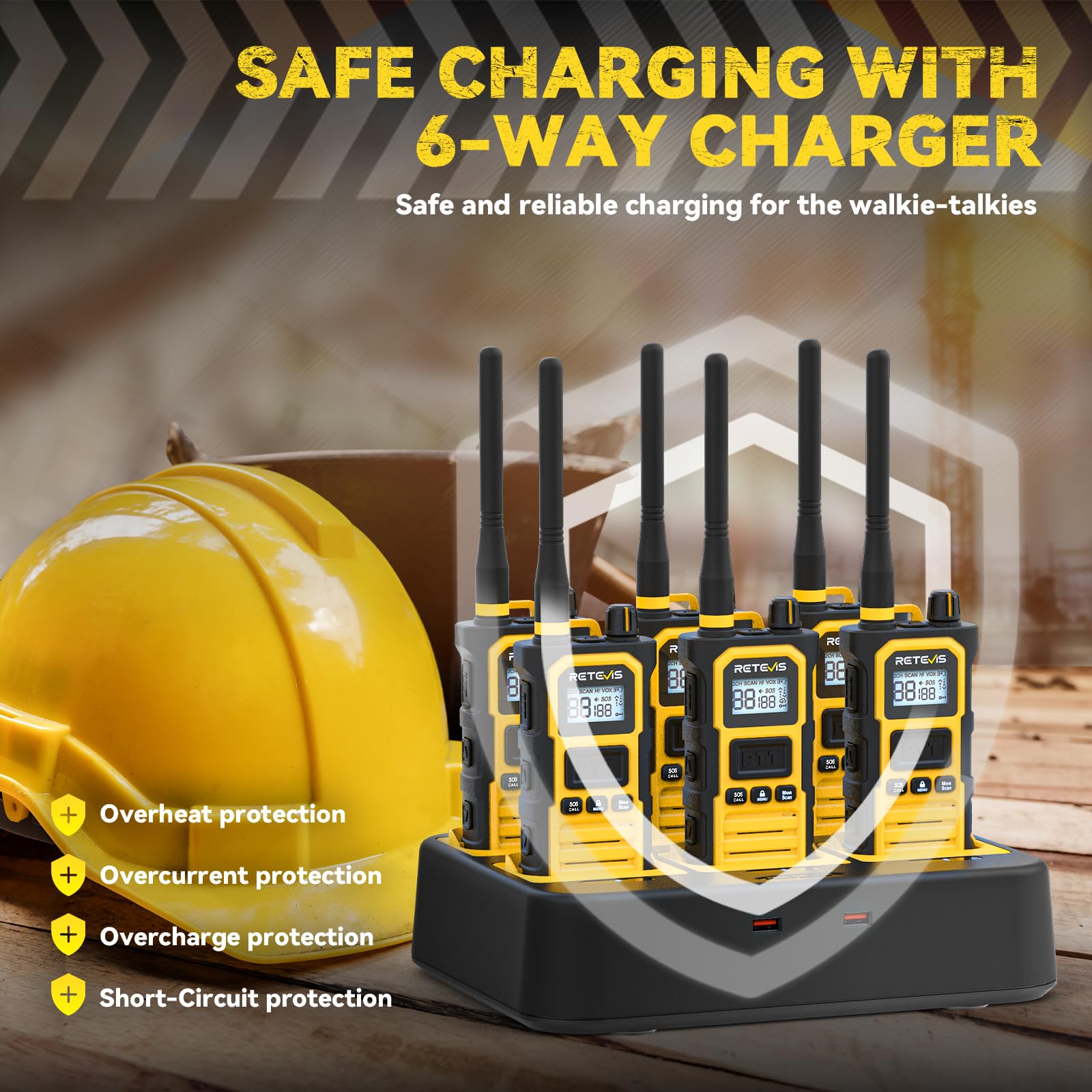Retevis RB648 Pro Talkie Walkies, Talkie-Walkie Étanche IP67 avec Chargeur 6 Voies, 2800 mAh, Réduction Avancée du Bruit, Radio Bidirectionnelle Longue Portée Robuste pour Chantier (6 Pièces, Jaune)
