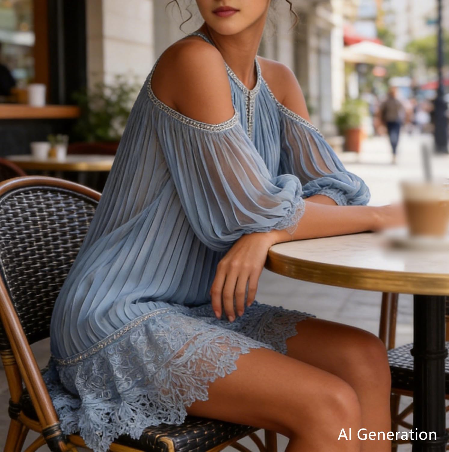 Minivestido azul con hombros descubiertos, drapeado y bajo de encaje | Vestido de fiesta corto y fluido con mangas largas de encaje, ideal para invitadas de boda
