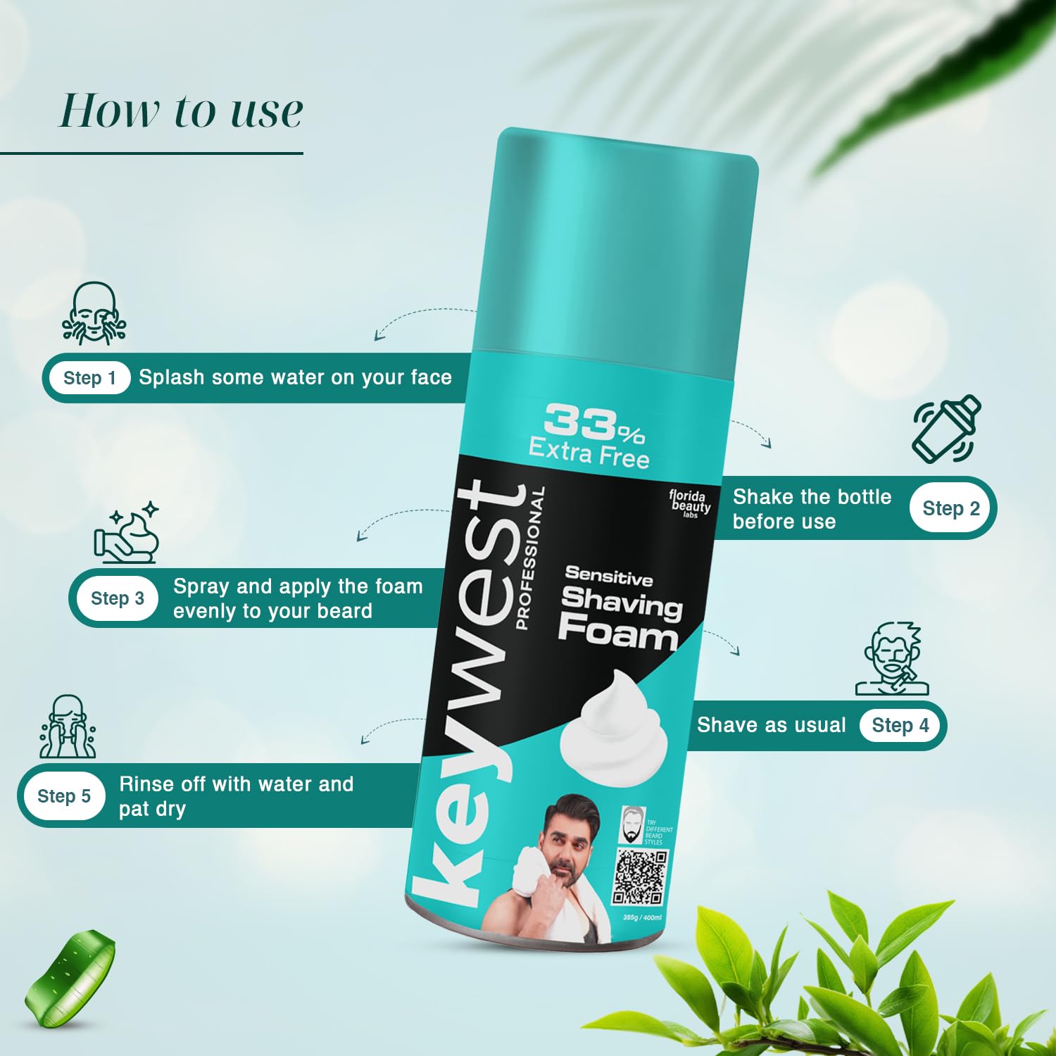 Keywest Sensitive Pre Shaving Foam for Men 385gm (33% Extra Free) | Shave Foam for Men Sensitive Skin | More Than 100 Shaves | Enriched with Tea Tree Oil & Aloe Vera 2