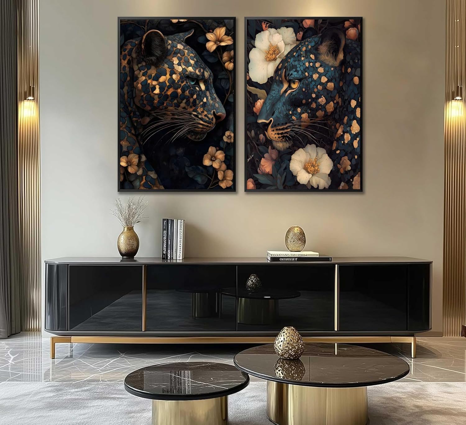 Framed Dark Cheetah Canvas Wall Art Moody Blue and Gold Leopard Wildlife Animal Flower Pictures Painting Wall Decor Poster Print Artwork for Living Room Bedroom Decoration