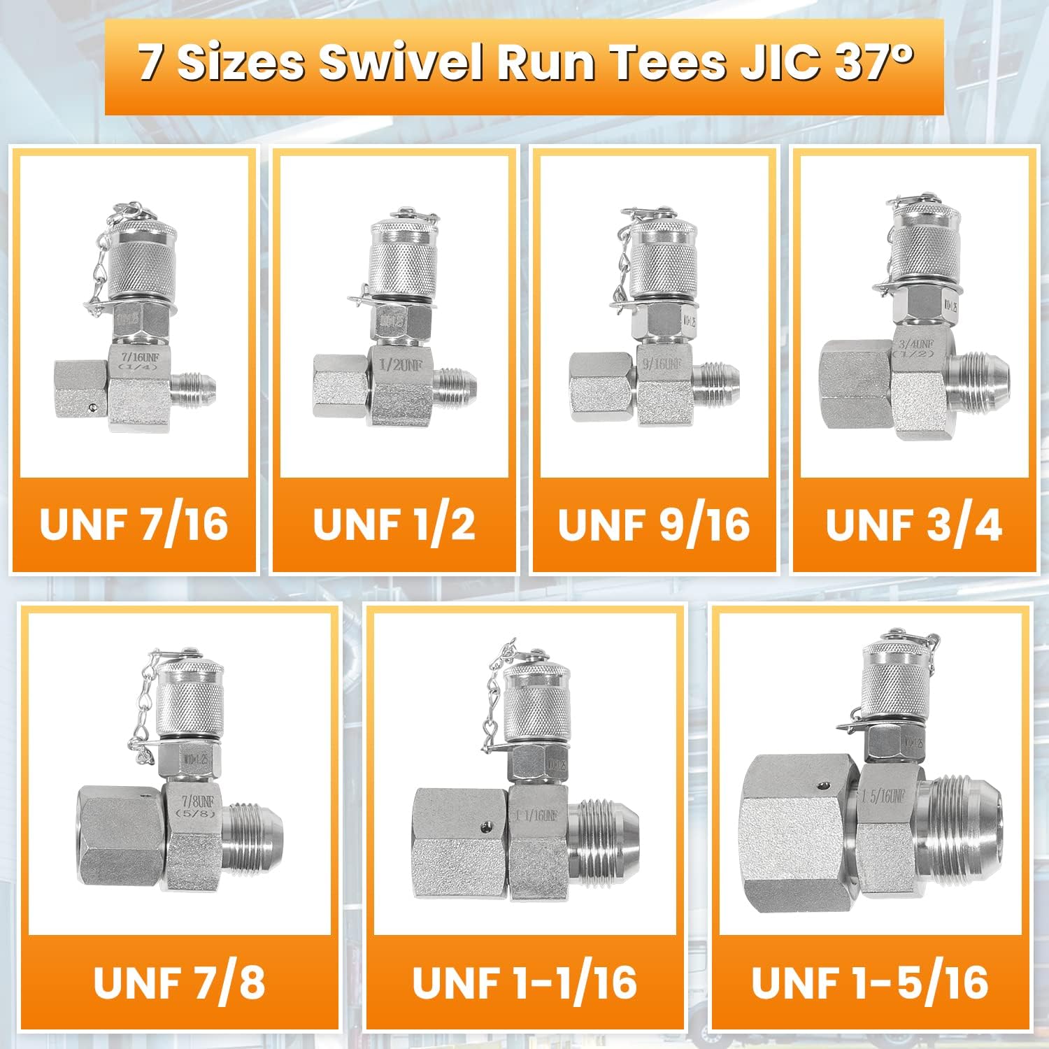 JIC37 Hydraulic Swivel Run Tees Hydraulic Tee Connector Tester Tee Coupling Set for Excavator Construction Machinery Hydraulic System 9000PSI/600BAR/60MPa (7 Pack)