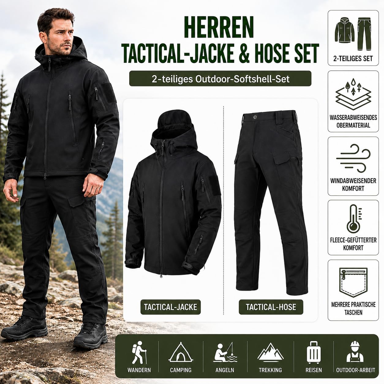 Taktische Jacke und Hose für Herren, Herren taktische Jacke und Herren taktische Hose, Militär Anzug Set für Airsoft, Paintball, Jagd, Wandern und Freizeit