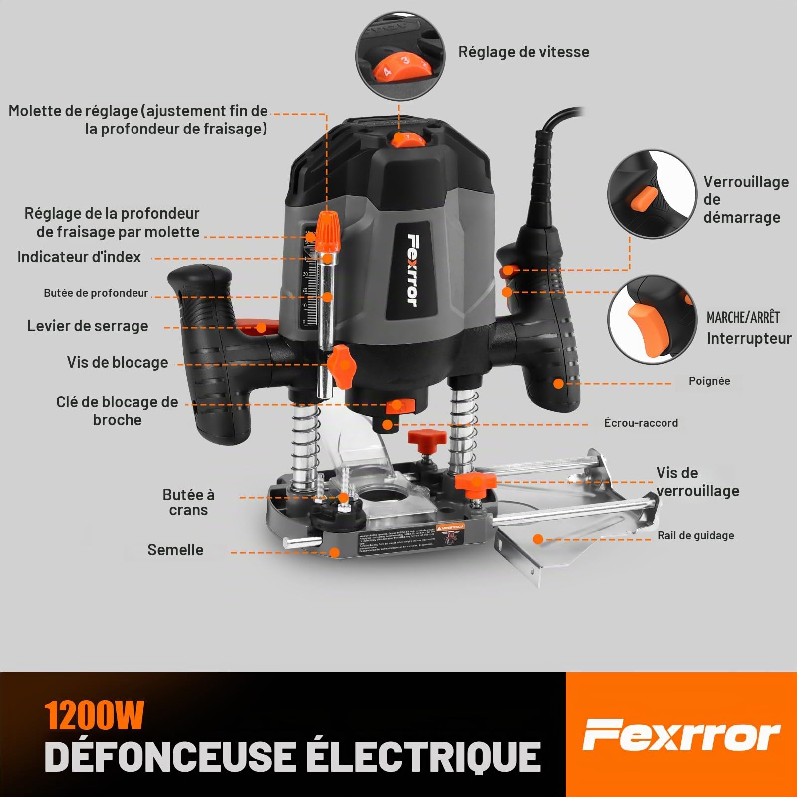 Affleureuse Défonceuse a Bois 1200W, Fexrror Affleureuse avec 30000 RPM, 7 Vitesses, Set de 12 Fraises, Port de Poussière, Support de Eail Parallèle, Réglage de la Profondeur de Fraisage