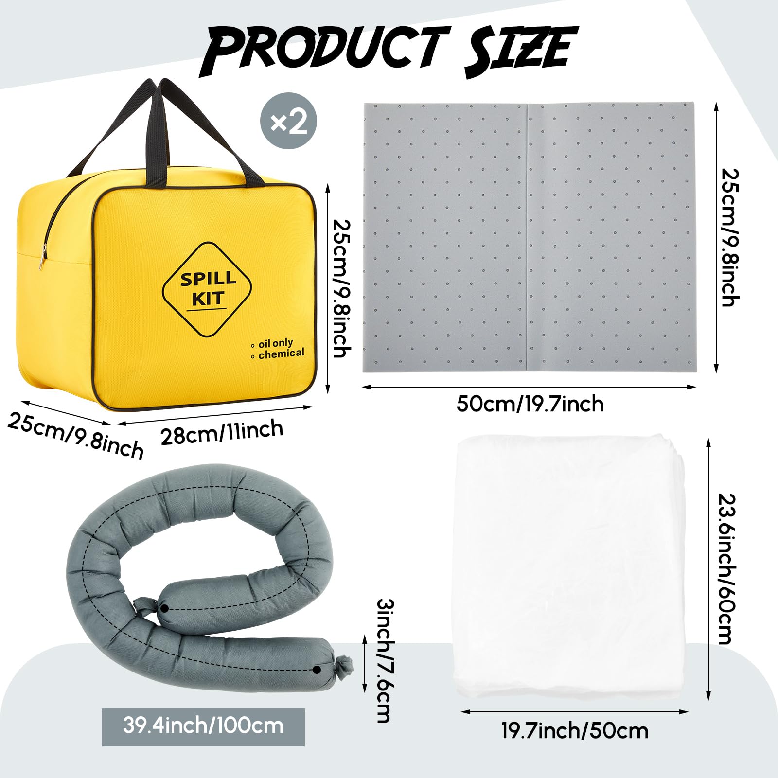 Paquete de 48 unidades, kit universal de respuesta de emergencia, incluye bolsa amarilla, 30 almohadillas, 4 calcetines, 10 bolsas y 2 pares de guantes para vehículos, médicos, oficinas, industriales