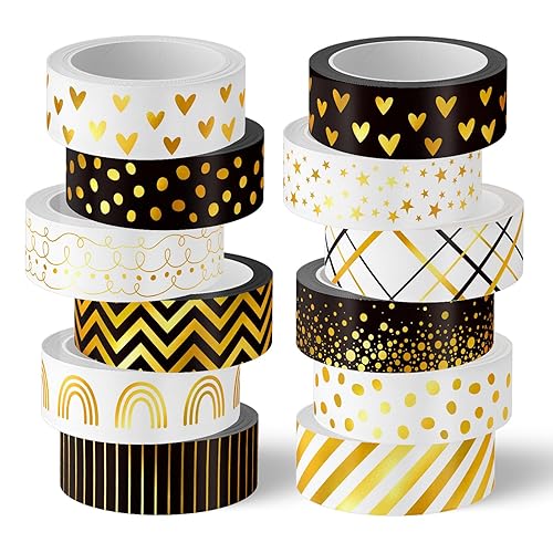 Whaline Juego de 12 rollos de cinta adhesiva con patrón de lámina dorada, diseño de corazón y puntos de arcoíris, cinta adhesiva decorativa para