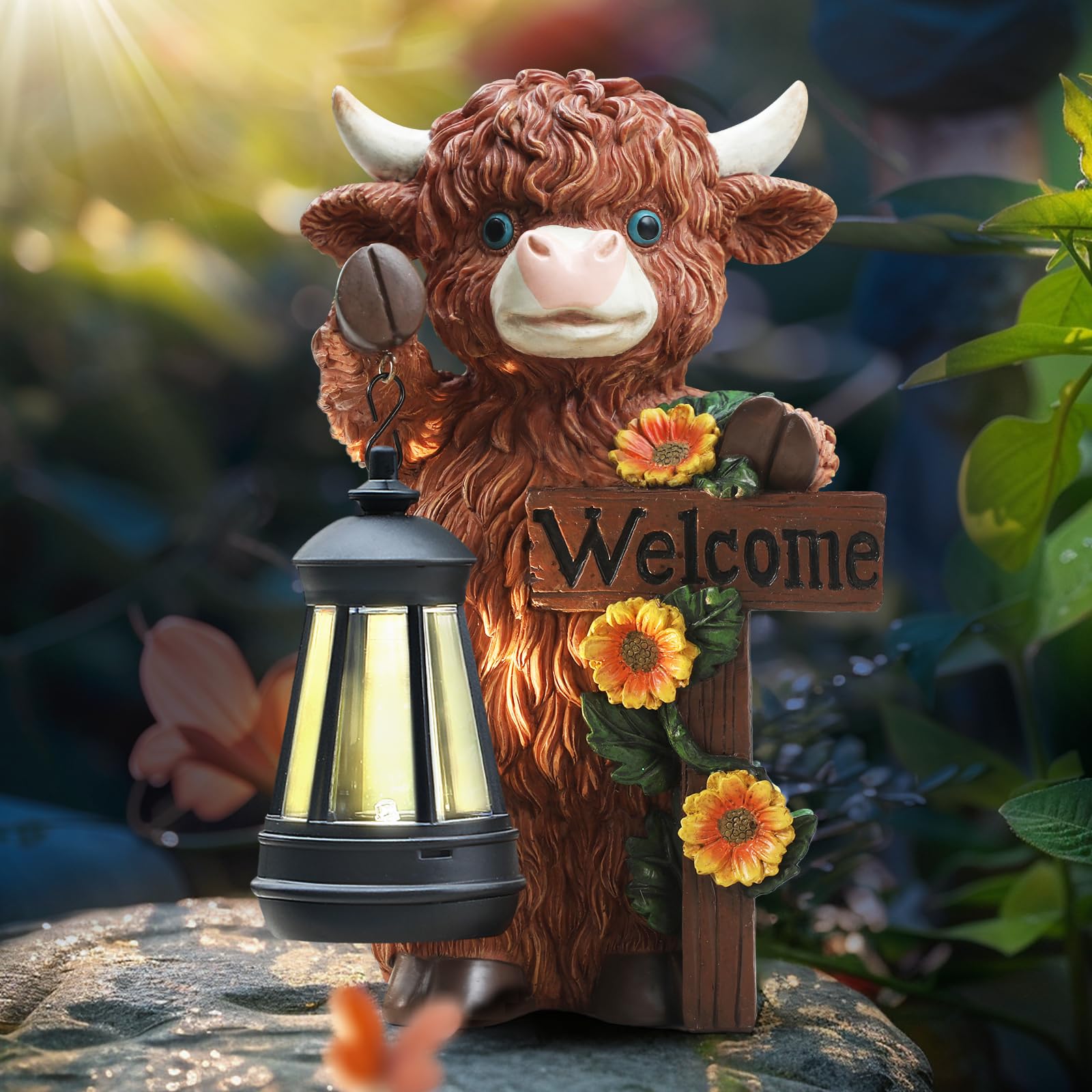 Photo 1 of FQIIL Solar Highland Cow Garden Statue with LED Lantern