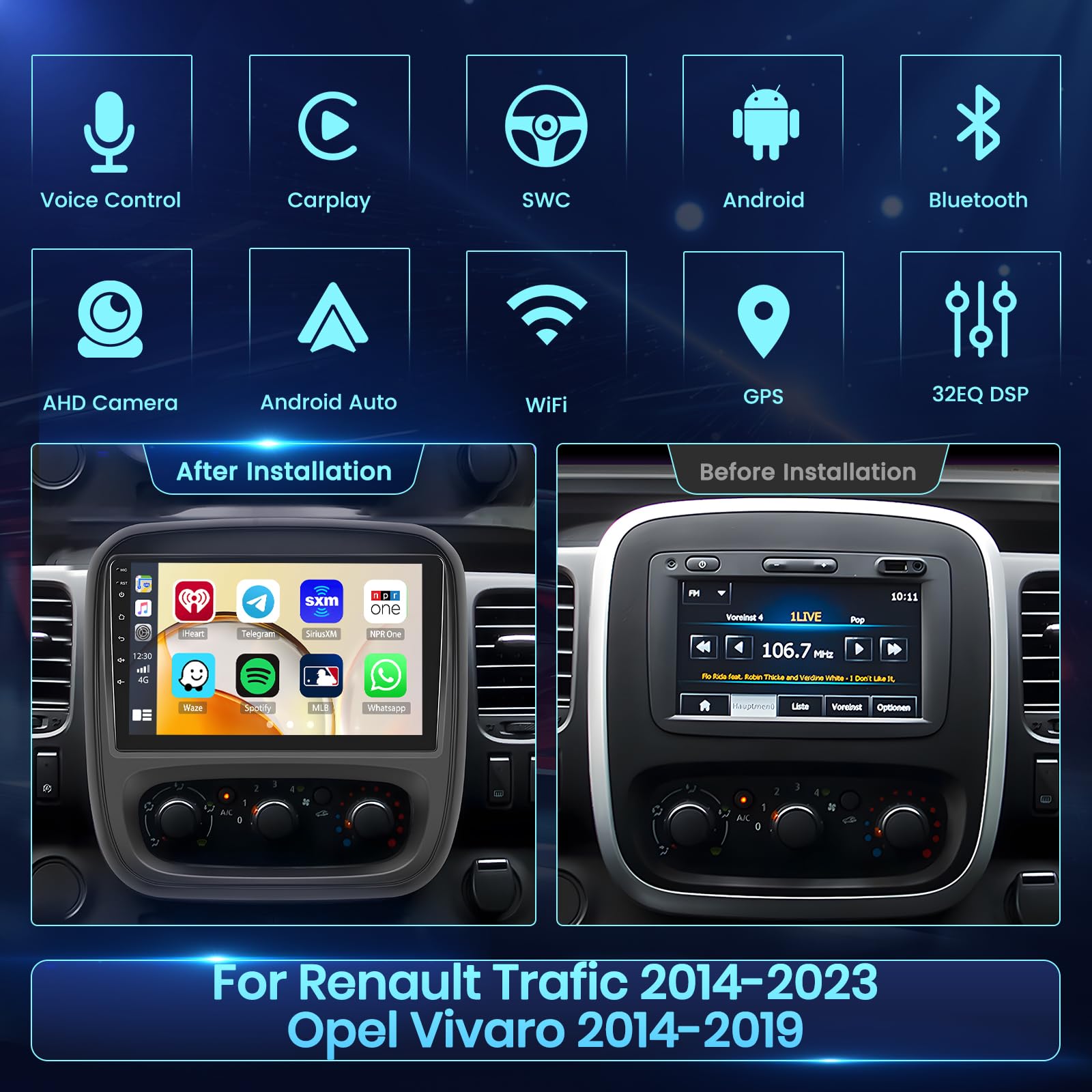 9" Radio Coche para Renault Trafic 2014-2023/Opel Vivaro 2014-2019 2+64G