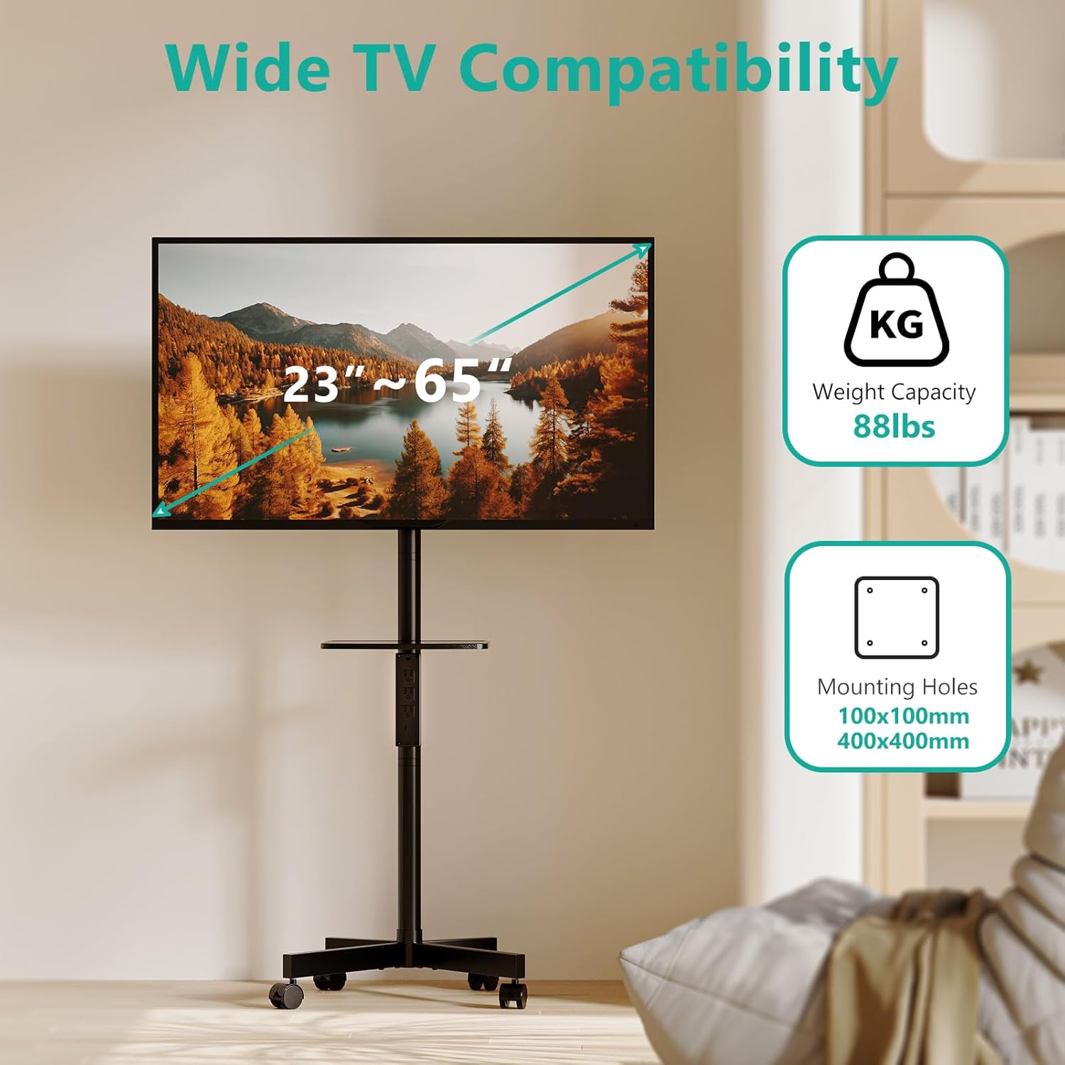 Image illustrating wide TV compatibility, showing a TV mounted on the stand with text indicating support for 23-65 inch TVs, 88lbs weight capacity, and VESA mounting holes from 100x100mm to 400x400mm.