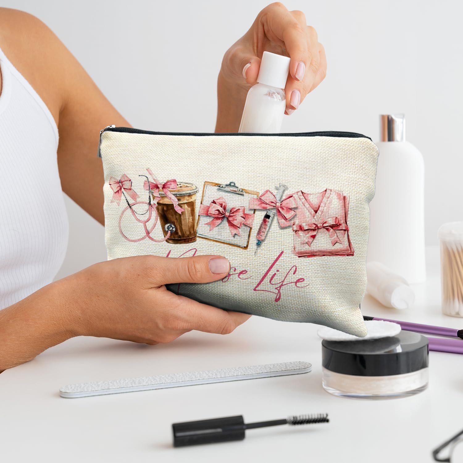 Pink Coquette Bow Nurse Life Makeup Bag, Nurse Appreciation Gifts Cosmetic Bags for Women, Nurses Week Day Gifts Zipper Makeup Pouch - Image 2