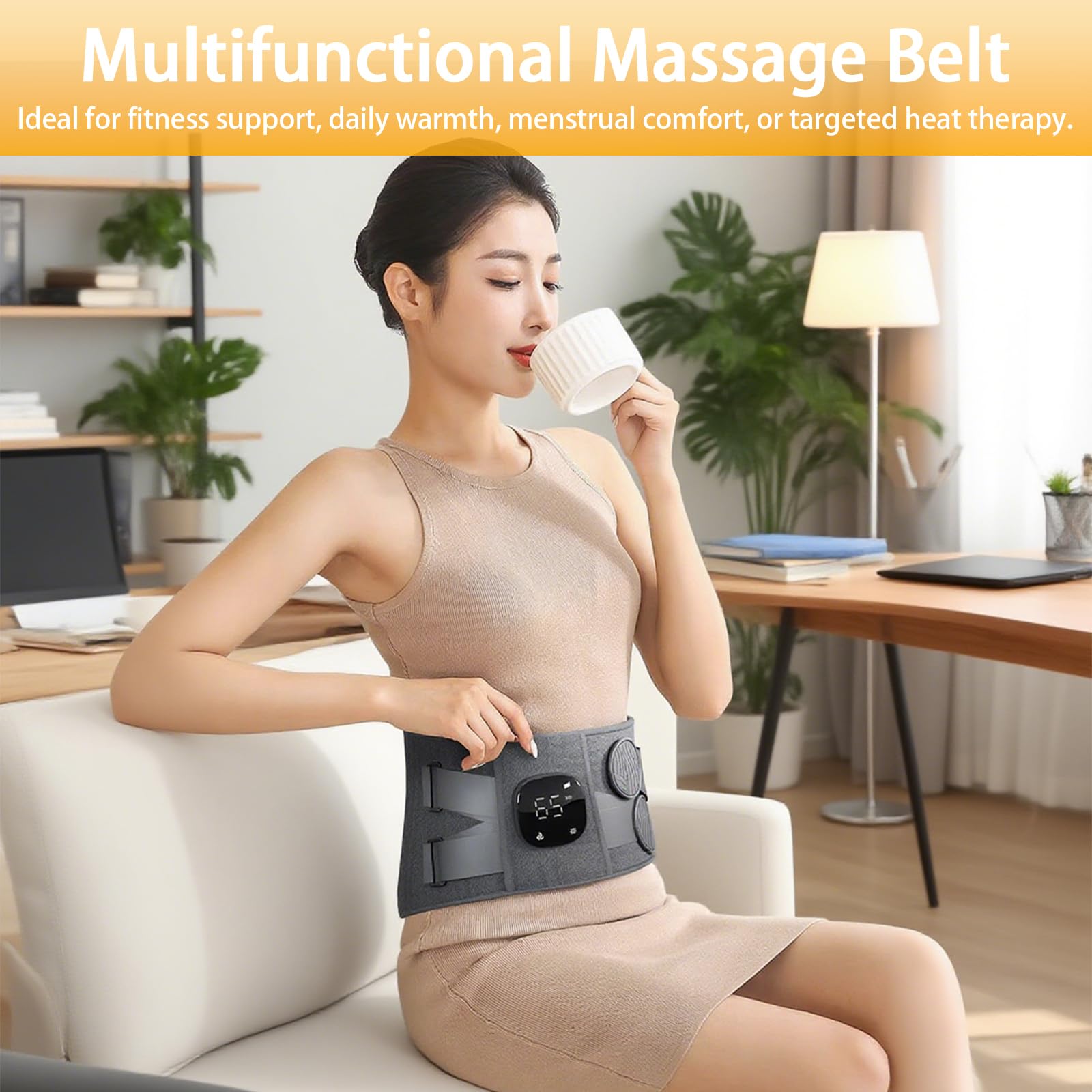 Cinturón Térmico de Vibración con 3 Niveles de Calor y 3 Modos de Masaje, Cinturón Lumbar Eléctrico Inalámbrico con Banda Ajustable y Apagado Automático (110 x 22 cm)