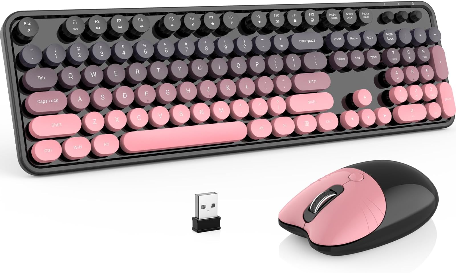 Wireless Keyboard and Mouse Combo, 2.4 GHz Full-Size Retro Round Keyboard and Mouse, Plug and Play, 8 Multimedia & Shortcut Keys for Mac, Windows, Laptop/Desktop/PC - Pink Gradient