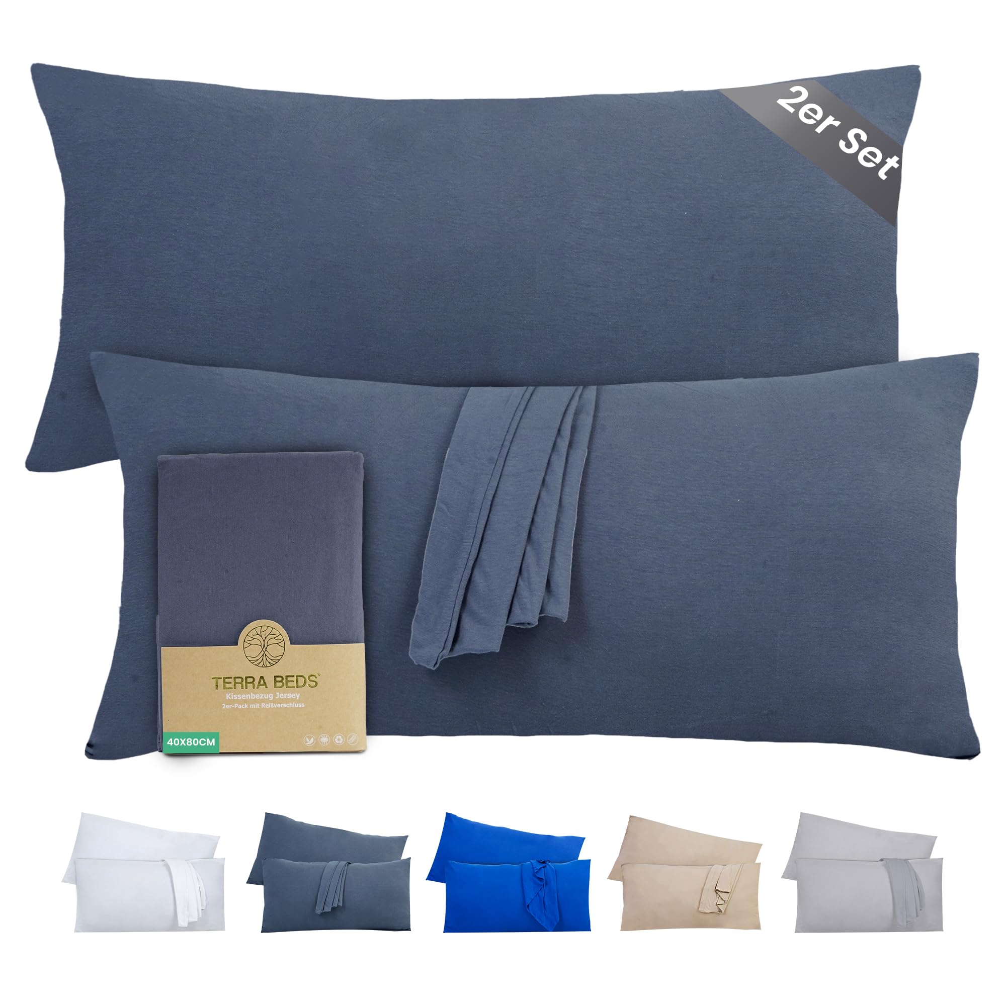 Terra Beds Kissenbezug Baumwolle Jersey 160 g/m² - Kopfkissenbezug 2er-Set mit Reißverschluss, dehnbarem gestricktem Stoff, atmungsaktiv