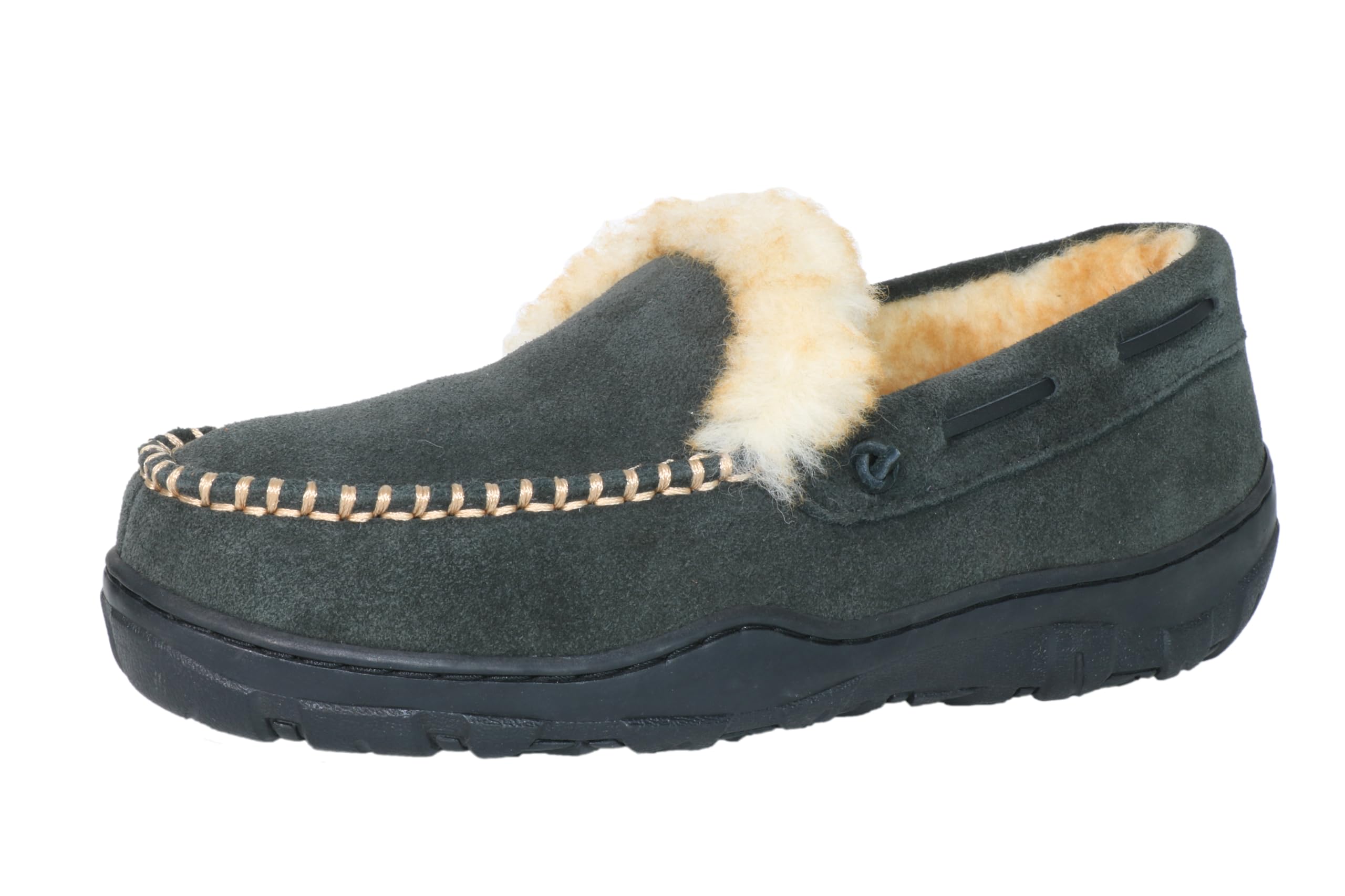 PEDOQU Men's Moccasin Slippers Genuine Suede Uppers Shearling Lining Memory Foam House Shoes, Indoor and Outdoor Warm Loafer