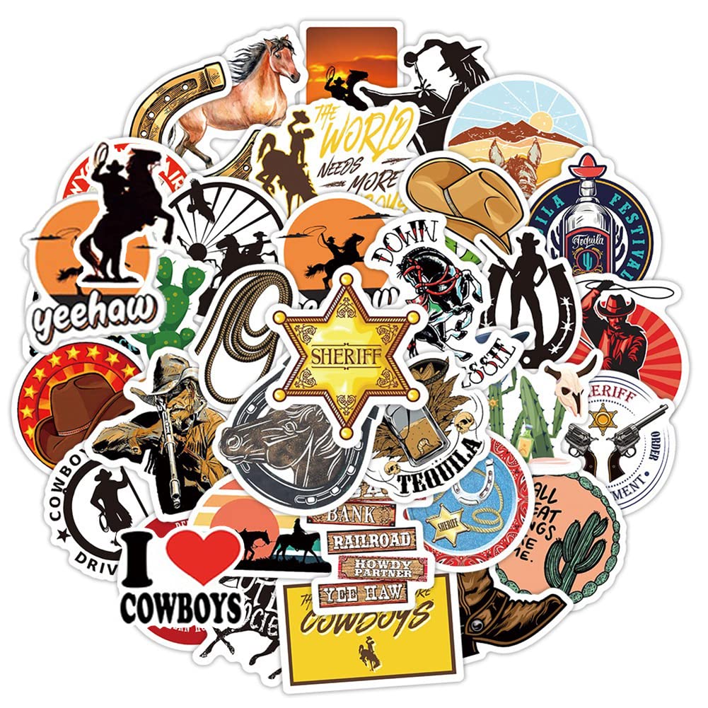 West Cowboy Stickers |50 Pcs West Cowboy Waterproof Vinyl Decals for Helmet Water Bottles Bicycle Laptop Refrigerator Luggage Computer Mobile Phone Skateboard Bike Décor