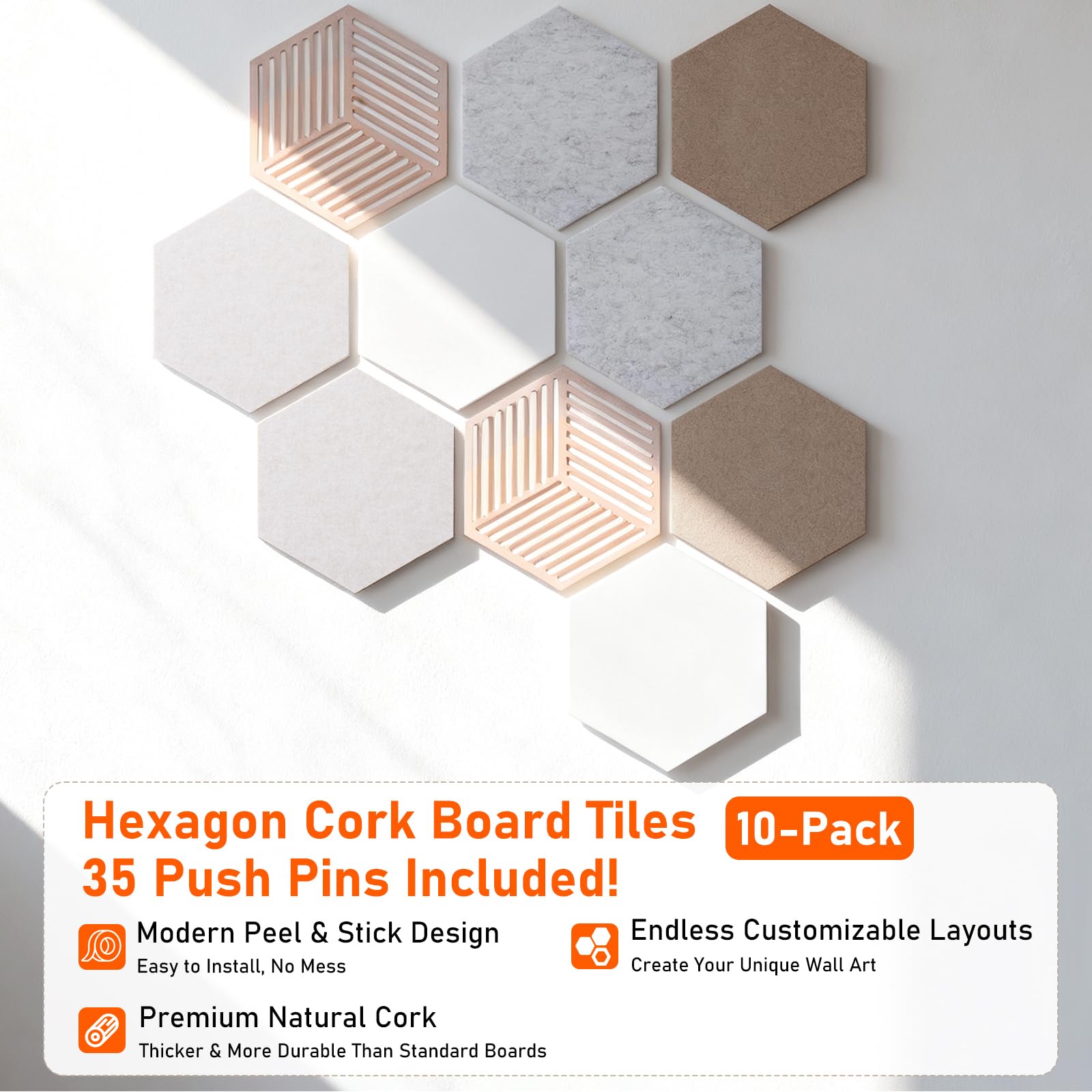BigKing 10 tableros de fieltro hexagonales con 35 alfileres, pizarra de corcho, autoadhesivos, para dormitorio, oficina, estudio, tablón de anuncios de pared para tablones de anuncios