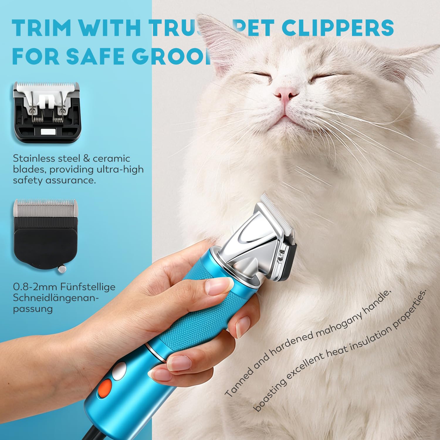 CGOLDENWALL 300W Tosatrice per Cani per Animali di Tutti i Tipi di Pelo, Velocità Regolabile su 3 Livelli da 2000-6000 giri/min, Cavo da 3 m, Rumorosità< 50DB, Con 2 Lame& 2 Pettini (3/6 mm, 9/12 mm)