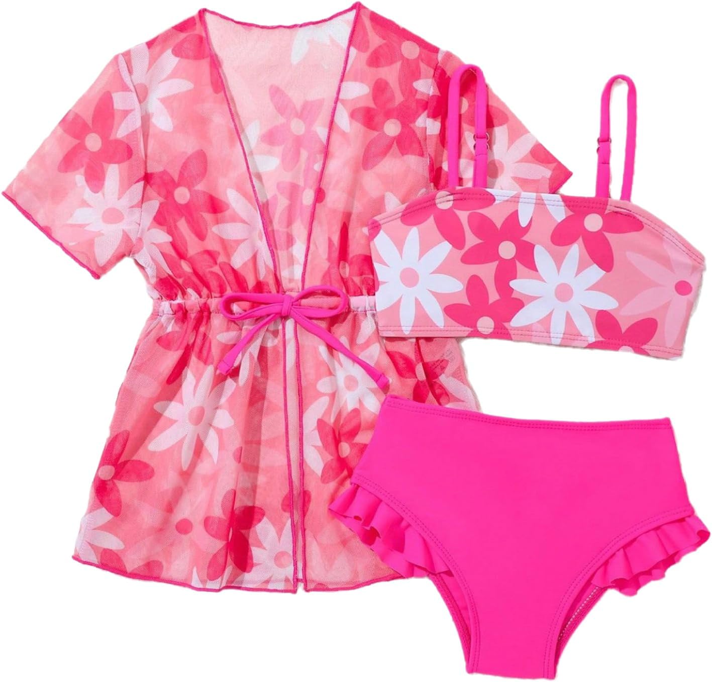 Little Girls 3 Piece Swimsuit Bikini Cover Up Set Bathing Suit with Short Sleeve Swim Dress