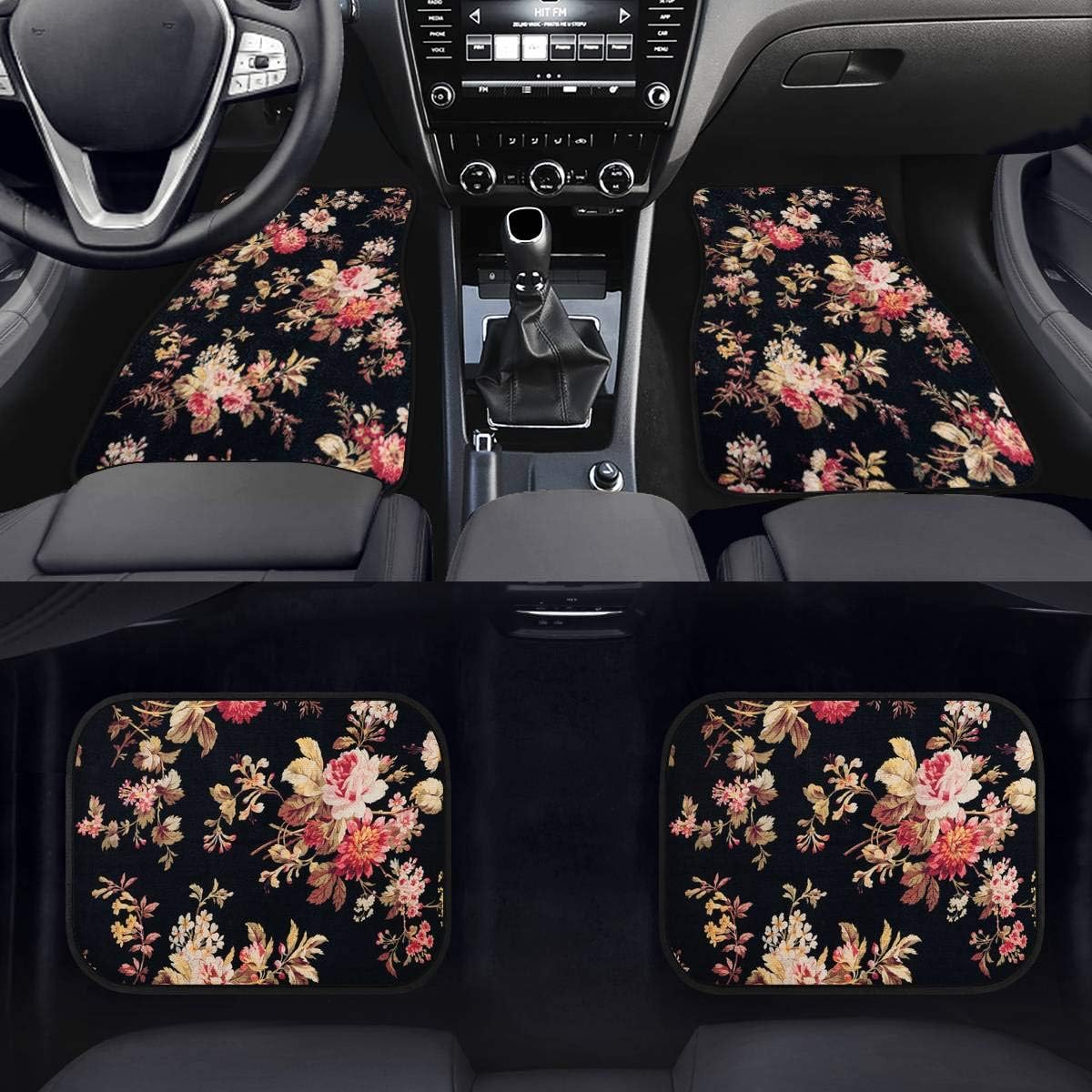 Art Flowers Pattern Car Floor Mats Front Rear Premium Carpets Mat, Set of 4 Floral Auto Foot Mats Universal Fit Vehicles