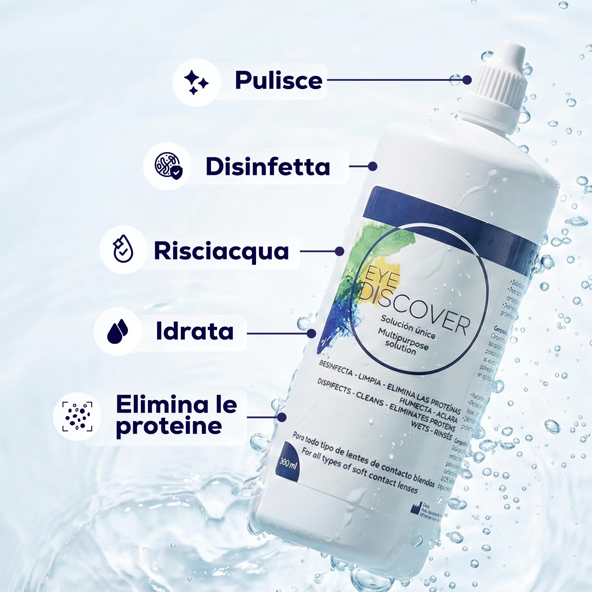Soluzione unica per lenti a contatto morbide | 3 x 360 ml, 2 portalenti antimicrobici | Disinfetta, elimina proteine, idratazione | Comfort e manutenzione giornaliera