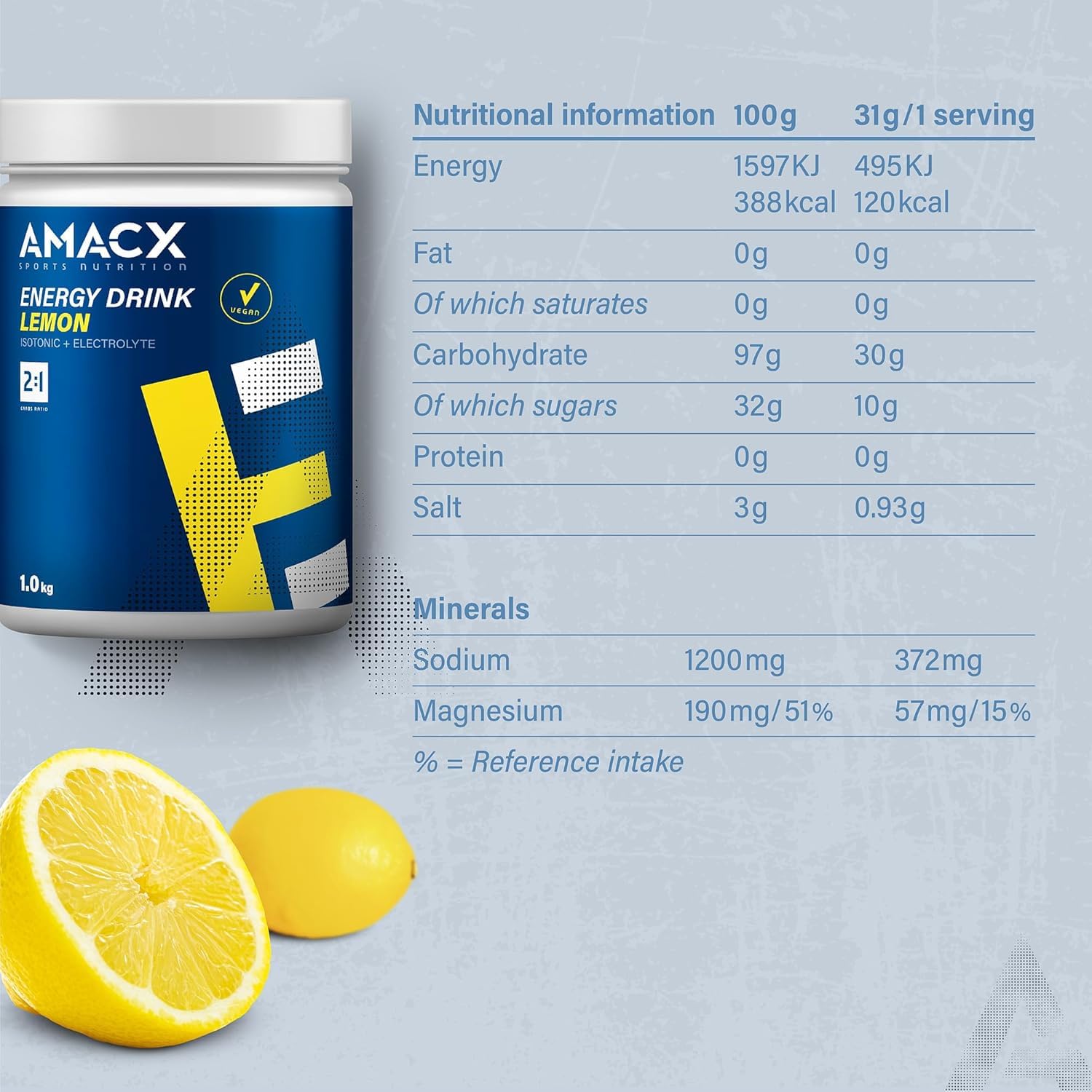 AMACX Energy Drink Pulver für Ausdauersportler, Isotonisches Sport Getränkepulver + Electrolytes – 1kg – Elektrolyte, Glukose und Fruktose, Iso Drink ohne künstliche Zusatzstoffe – Zitrone