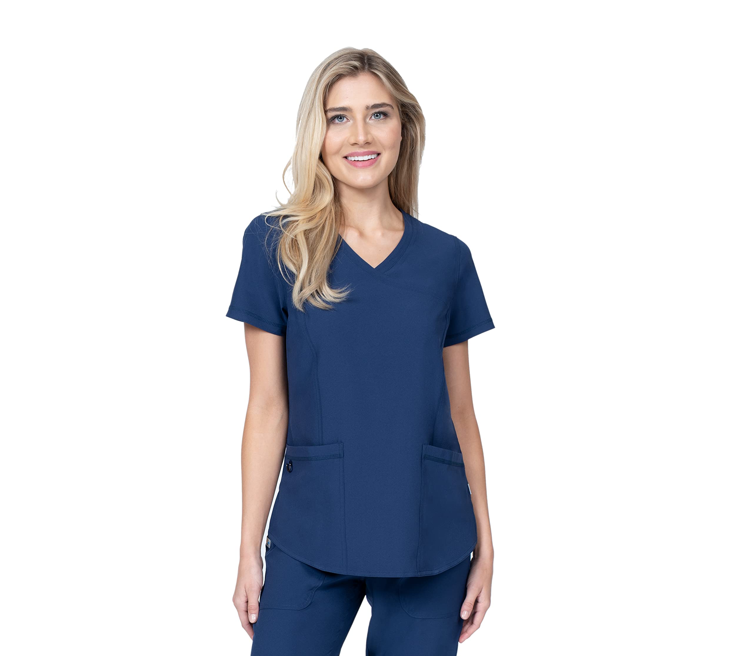 Scrubs for Women Set 8 Pocket 4-Way Stretch Mock Wrap & Cargo Pant for Nurses Veterinarian Dentist Elements Select ES2976 (Navy, Large)