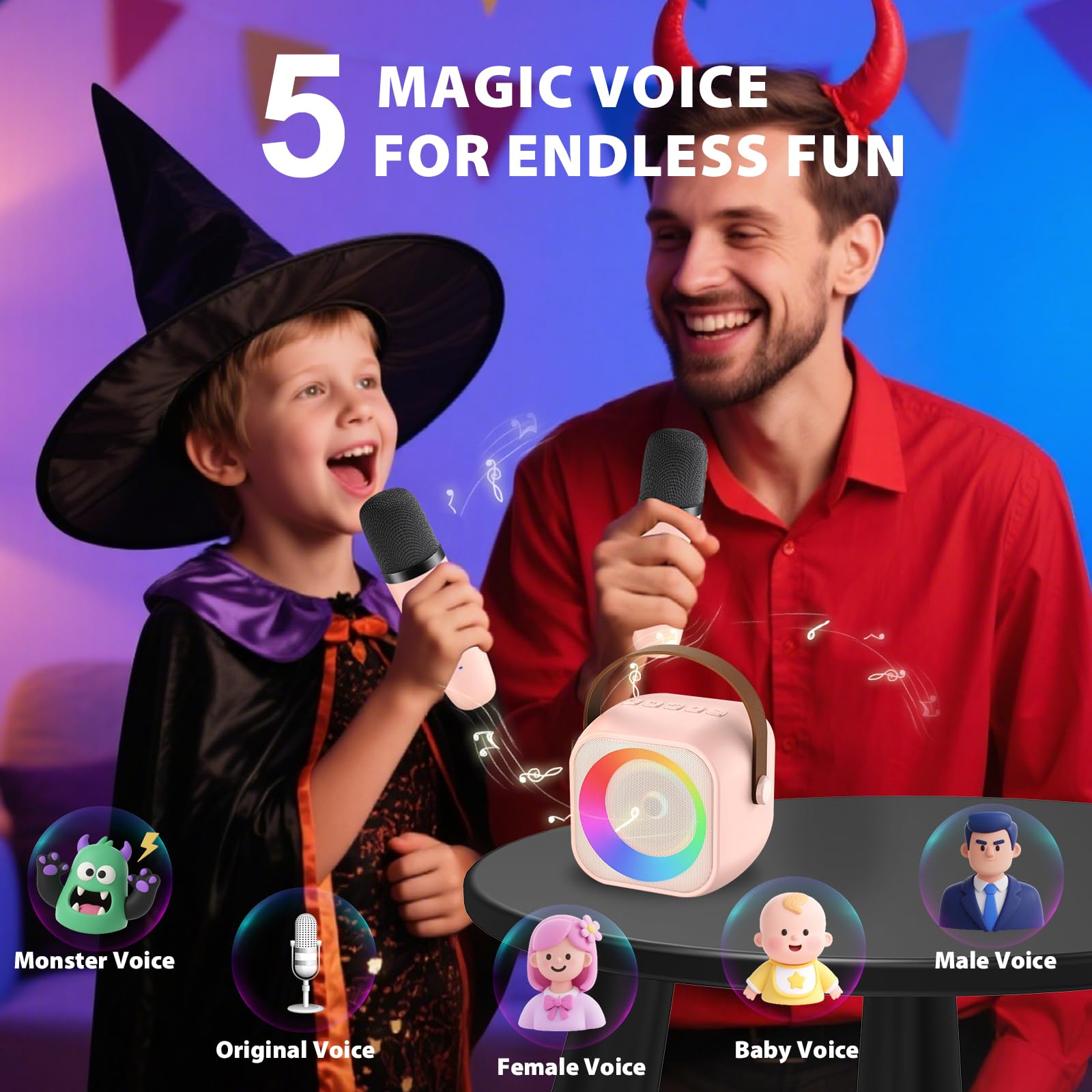 Karaoke Bambini con 2 Microfoni, Microfono Karaoke per Bambini e Adulti, Luci LED ed Effetti di Cambio Voce, Set di Microfoni e Altoparlanti Portatili, Regali per bambini 3-12 anni