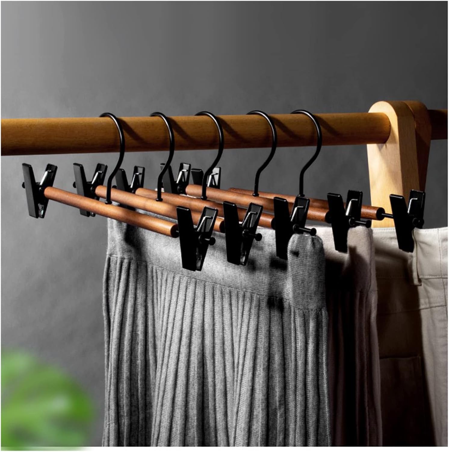 Laundry Rack, Wooden Pants Hangers Bottom Hanger Jeans Hanger Trousers Skirt Hanger with 2-Adjustable Black Matt Clips and Hook 10 Pack