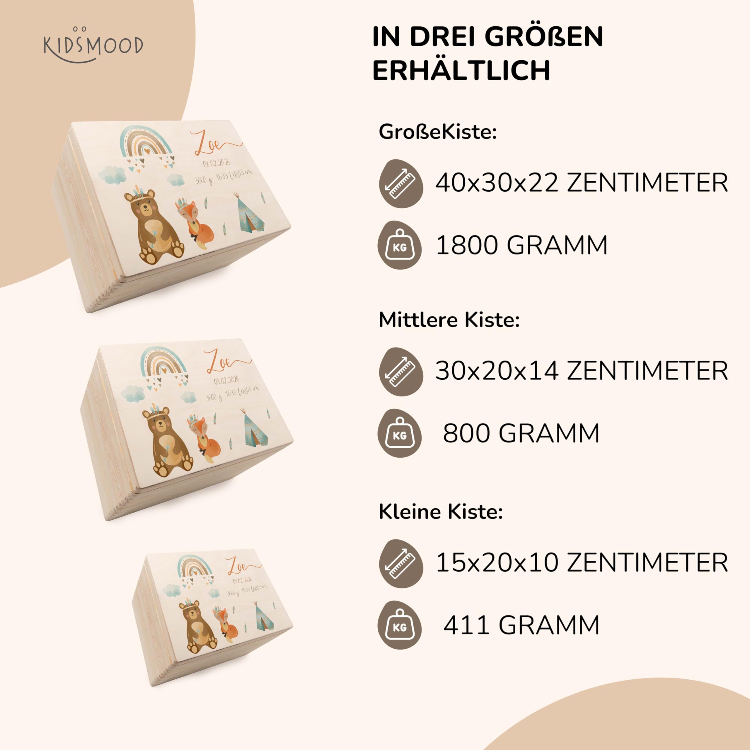 KIDSMOOD - Erinnerungsbox Baby, personalisierte Holzkiste mit Deckel, Ideal zur Aufbewahrung von Erinnerungen und als Geschenk zur Geburt, Taufe oder als Geburtstagsgeschenk für Mädchen und Jungen