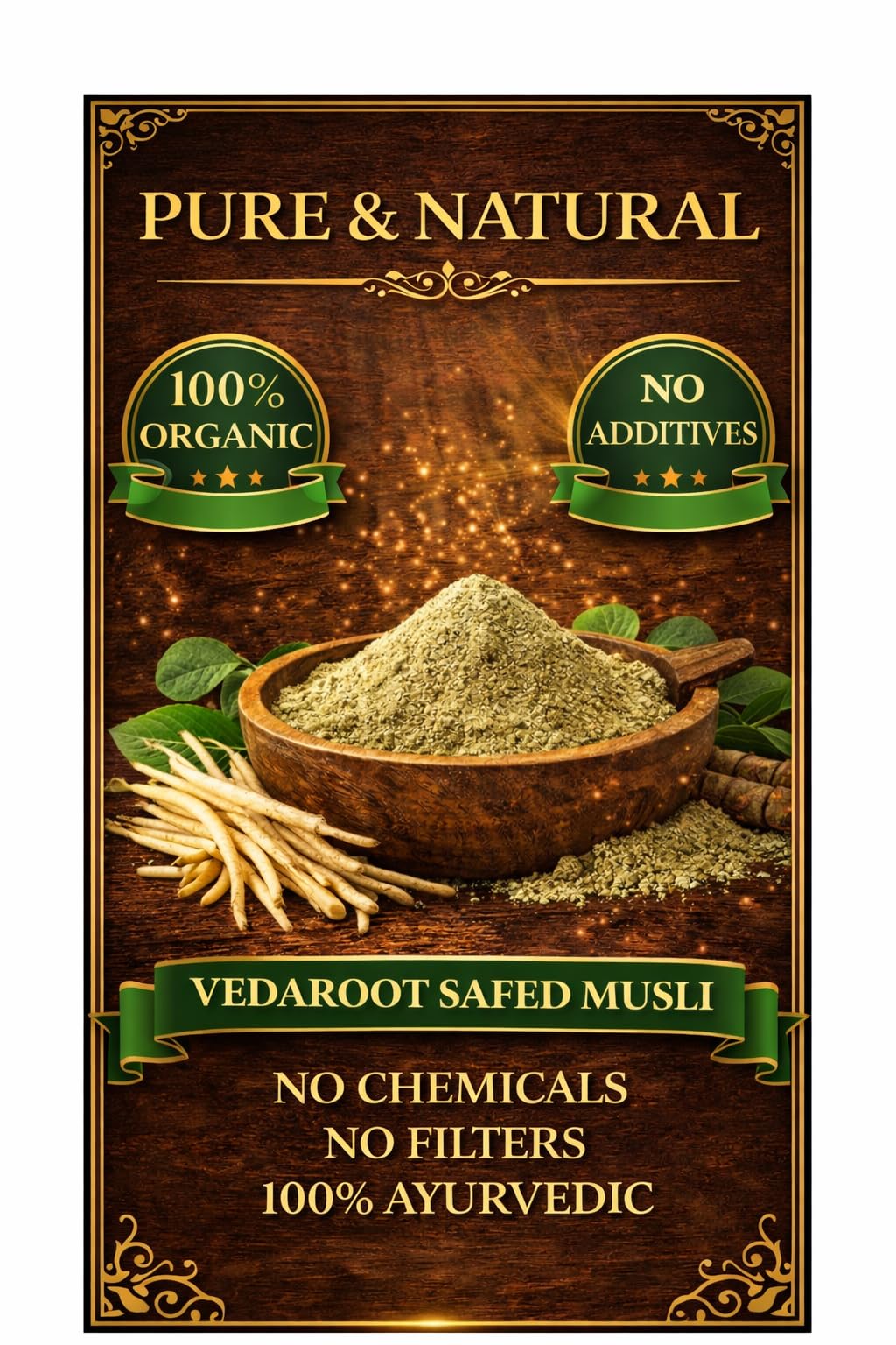 VedaRoot Safed Musli Powder 100g | FSSAI Certified | 100% Pure & Natural | No Additives No Preservatives | Ayurvedic Supplement for Strength, Stamina & Male Wellness | Safed Musli Churna | Chlorophytum Borivilianum | Non-GMO | Siva Musli Podi/Shweta Musli Hudi | Veg — Amazon image 6