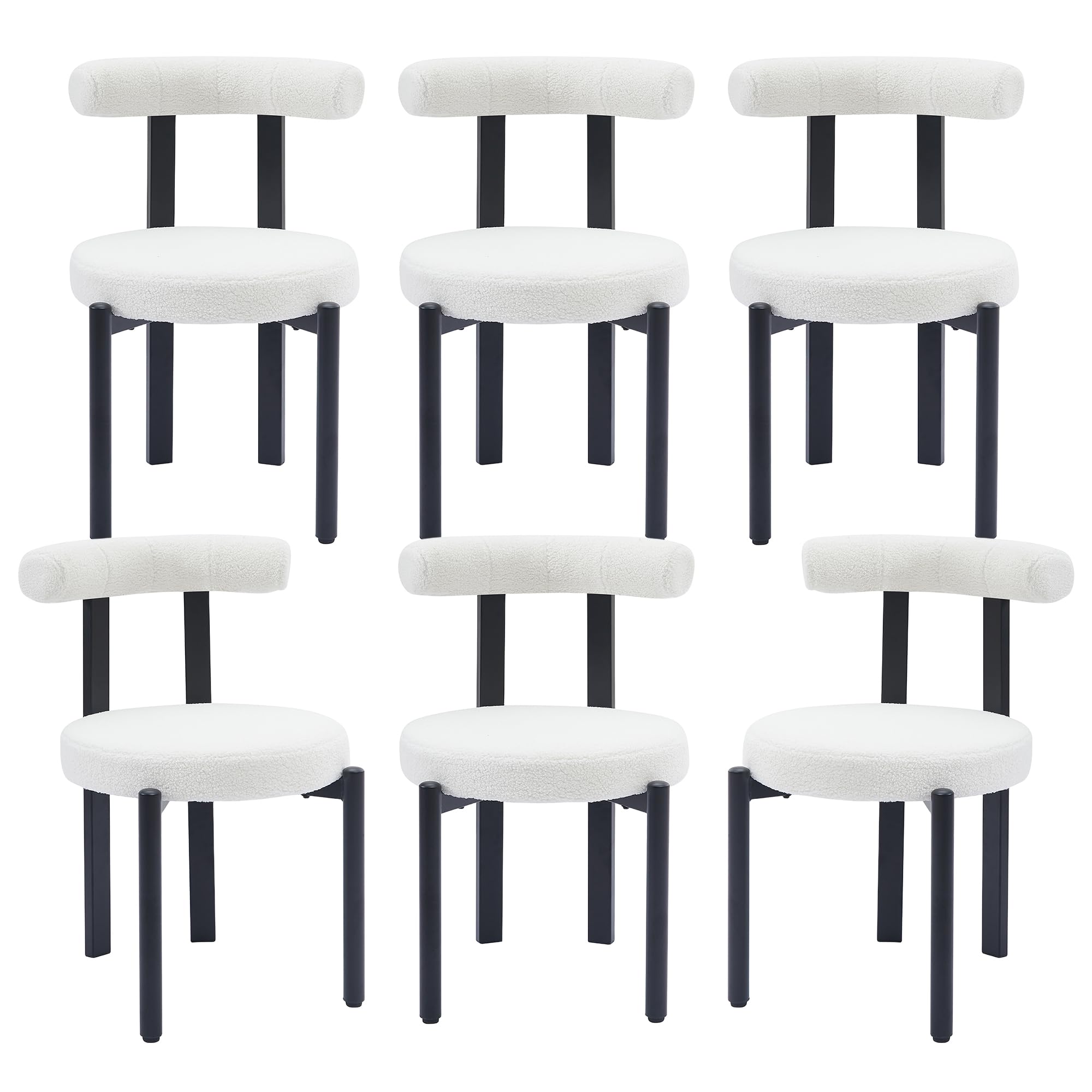 Kiztir Boucle Dining Chairs Set of 6, Mid Century Modern Dining Room Chairs with Curved Backrest and Black Metal Legs, Upholstered Round Dining Accent