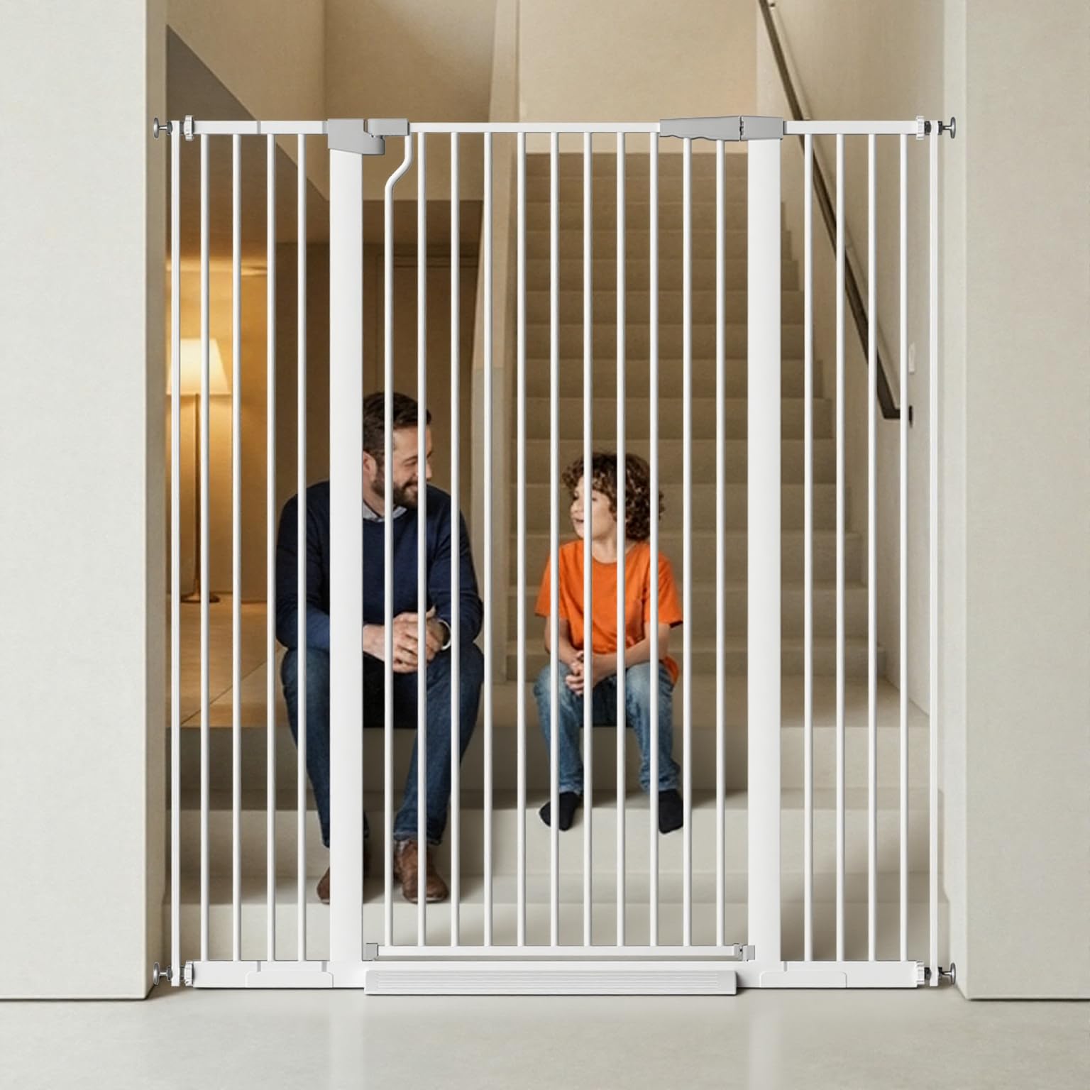 Cat Gate Extra Tall 51.18" - Adjustable Pet Gate for Doorways & Stairs 29.5" to 48.4" Wide, Pressure Mounted Cat Proof Dog Gate with Auto Close, Child Proof Safety Gate Metal, White
