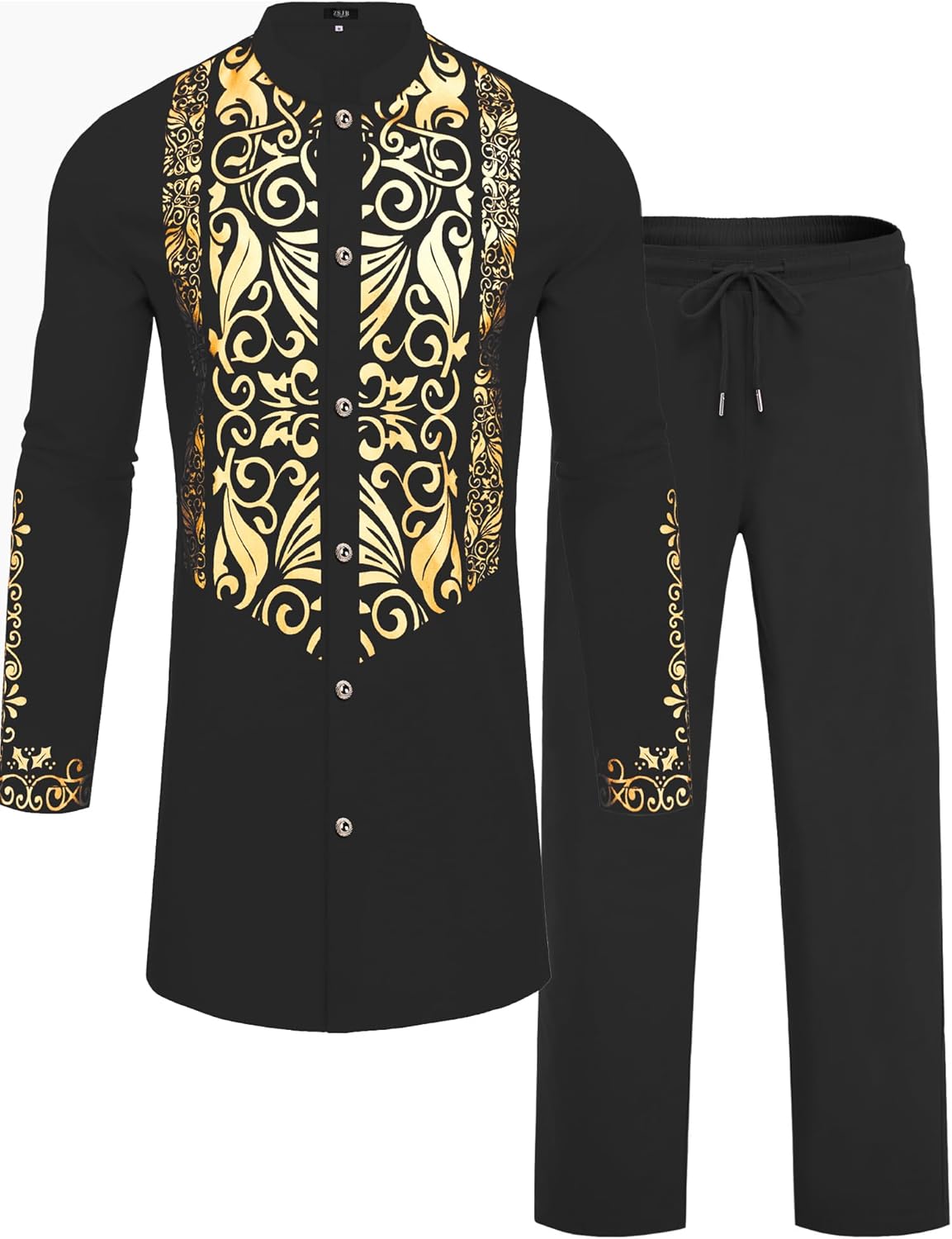 ZSJR Mens African 2 Piece Sets Dashiki Metallic Traditional Suit Gold Stamp Printed Shirt and Pants Outfit
