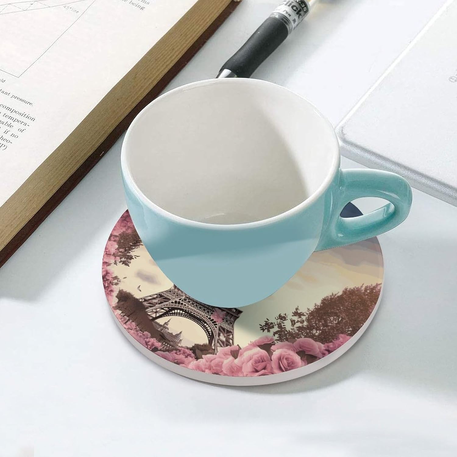 Paris Eiffel Tower Flower Coasters Round Coasters Set Ceramic Stone Coaster with Cork Base Coffee Cup Beverage Cup Mat Cute Funny Table Drinks Coaster for Mugs and Cups Office Kitchen
