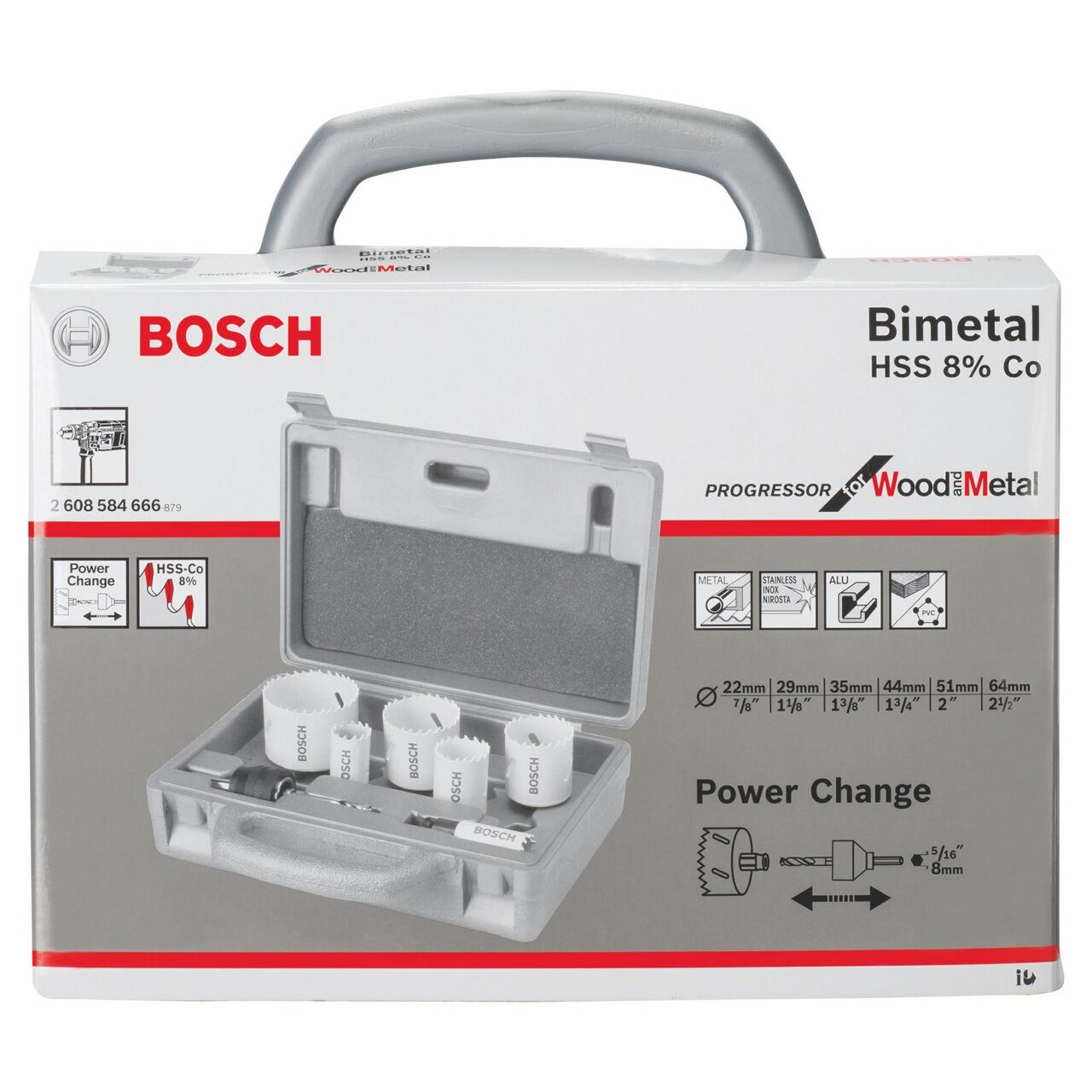 Bosch Professional 9 tlg. Lochsäge HSS BiM Progressor for Wood & Metal Set Elektriker (für rostfreien Edelstahl und Metall, Ø 22-64 mm, Zubehör Bohrmaschine)