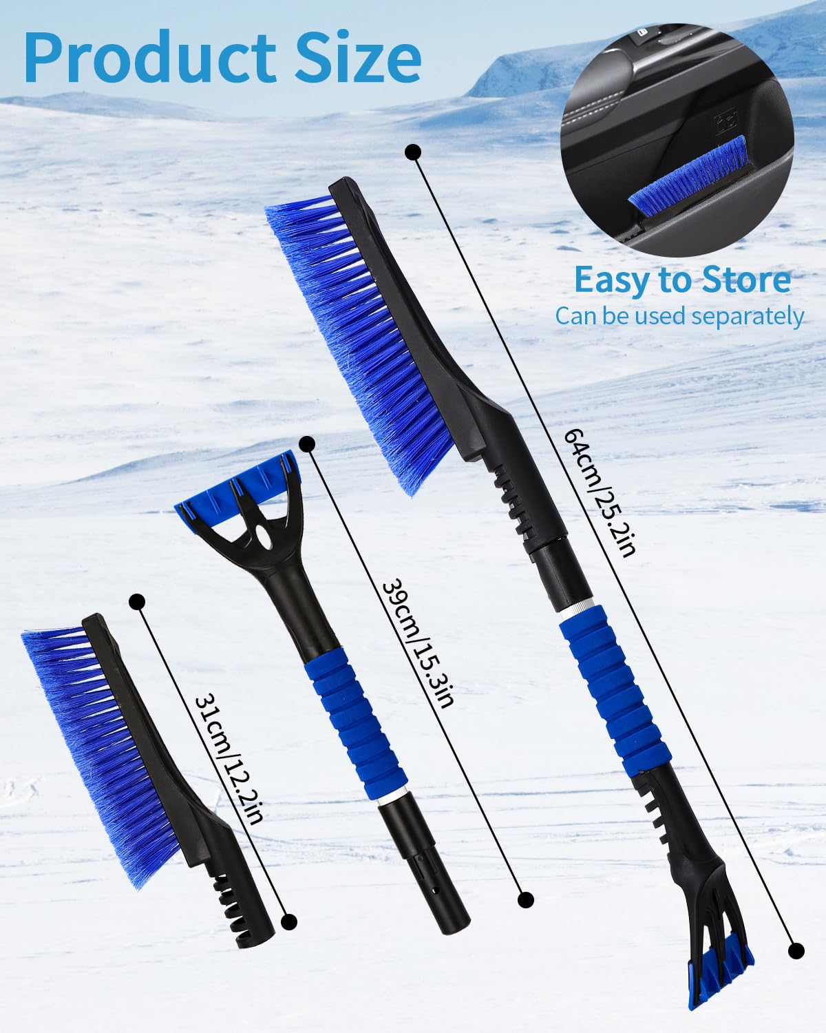 Rascador de hielo para coche con escoba, cepillo de nieve para automóvil, rascador de hielo duradero con mango de espuma ergonómico 2 en 1, cepillo de nieve desmontable para coche, camión y SUV