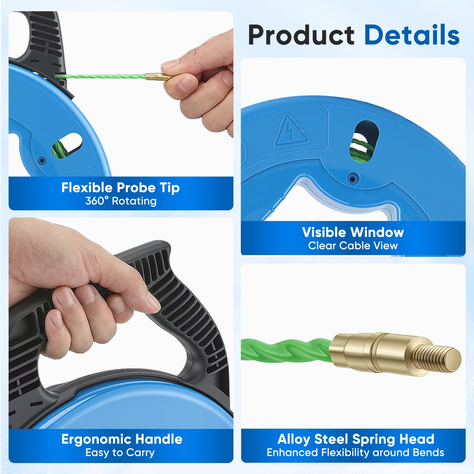 Sonda Passacavi 30m 4,5mm Sonda Passacavi Professionale con 7 Adattatori, Cavo Alimentazione per Tubo Vuoto, Elettrico e Fibra, Elettricista Estrattore Cavi - Blu