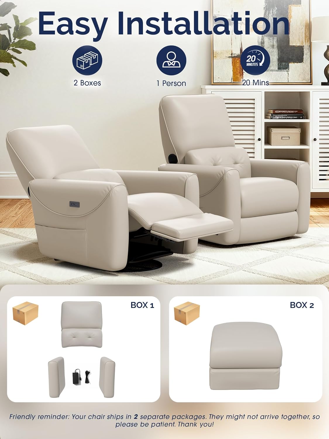 KINGYES Nursery Recliner Rocking Chair, 270° Swivel Glider, with Bluetooth Speaker & USB-C Port, Faux Leather Nursery Rocking Chair, Gray