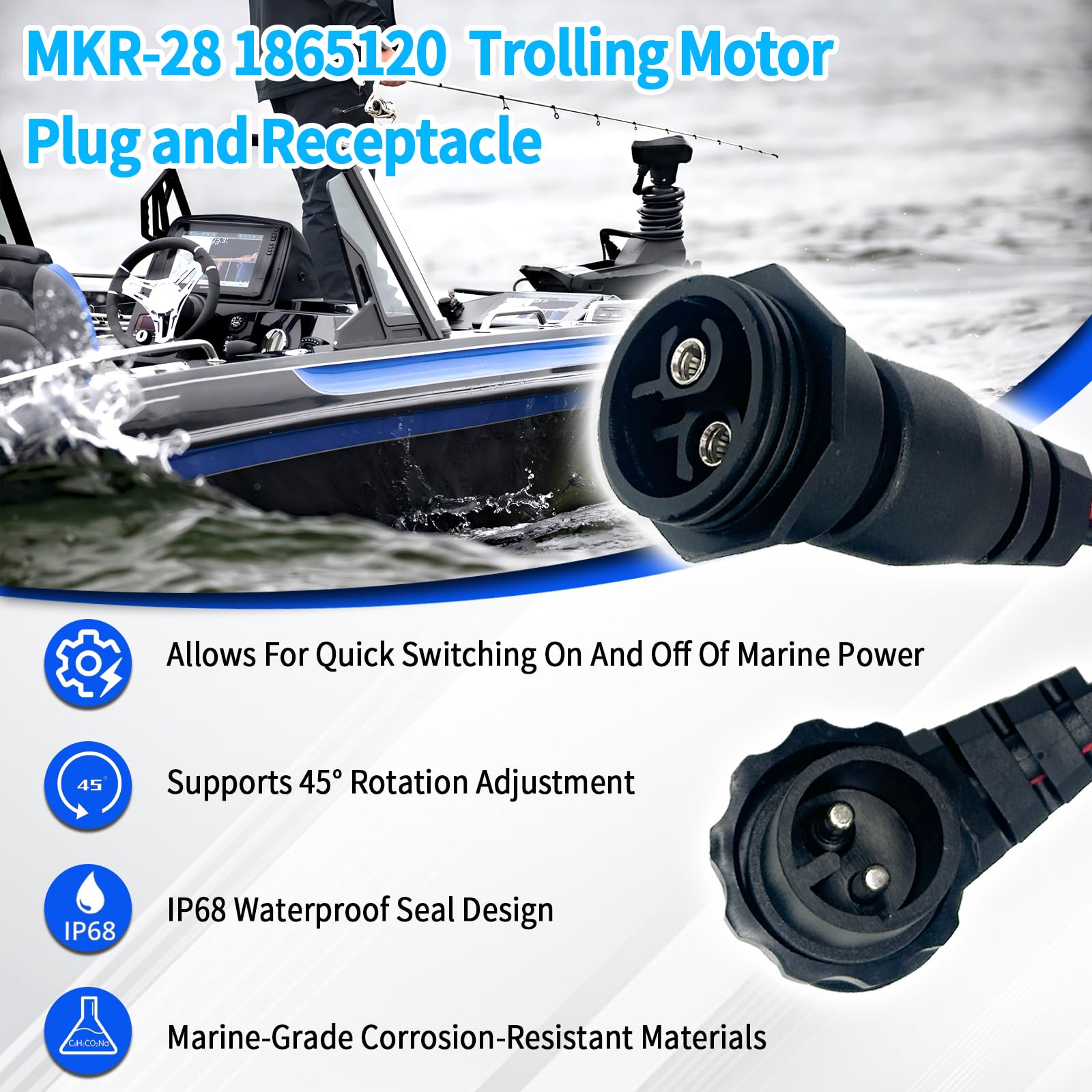 MKR-27 1865115 60Amp interruttore automatico e MKR-28 1865120 spina e presa per motore per pesca a traina con filo 8 AWG per motori da pesca a traina da 12 V/24 V/36 V/48 V Minn Kota per acqua dolce e
