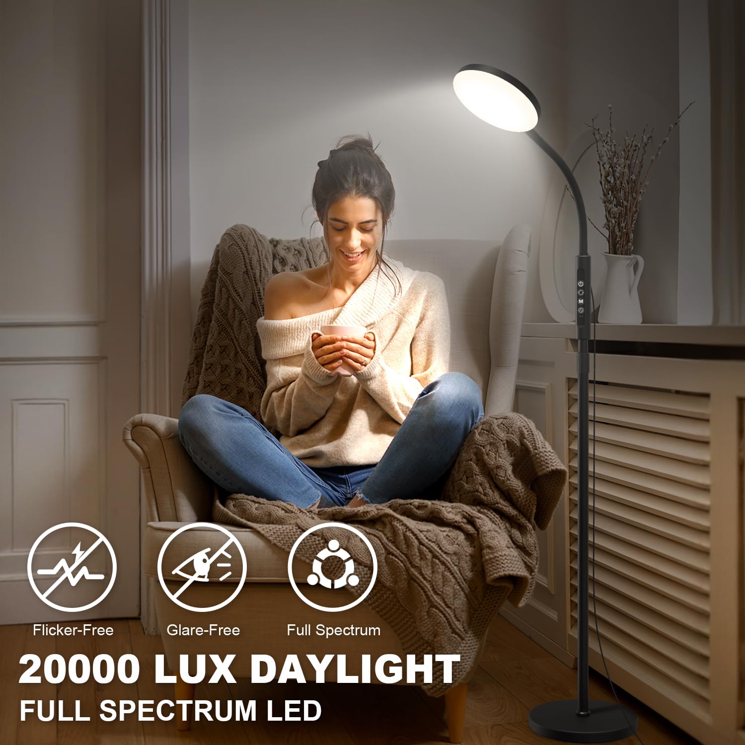 Lampa Podłogowa i Biurkowa 20 000 Lux - Regulowana Wysokość, 5 Kolorów Światła, 10 Poziomów Jasności, Timer, Stabilna Podstawa - Lampa Dzienna do Sypialni, Salonu, Biura