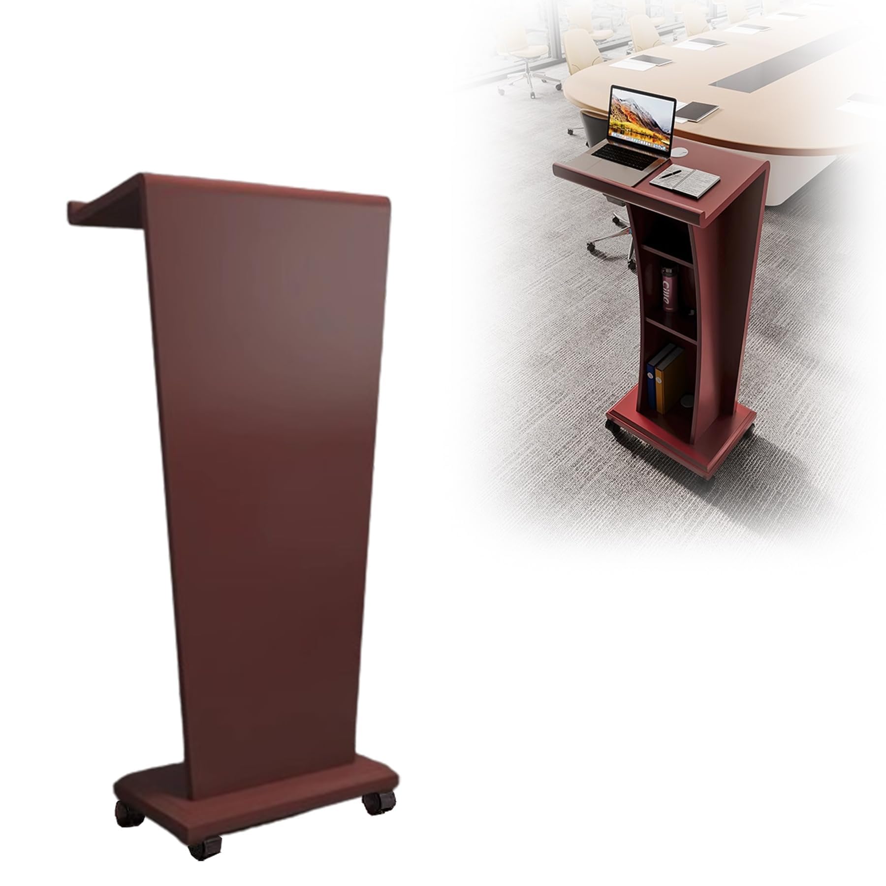 Mobiles Rednerpult mit Rollen, schwarzes Rollpult aus Holz für Büro, Empfang, Bühne und christlichen Gottesdienst, 53 x 33 x 114 cm