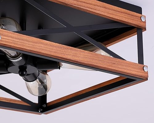 Miniatura 6 de Lámpara de techo rústica de 4 luces de montaje empotrado de metal y madera cuadrada de montaje empotrado para pasillo, dormitorio, cocina, entrada,