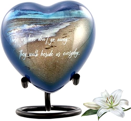 Vista 9 de Footprints Urna de cremación – Urna conmemorativa azul océano con playa y olas – Urnas funerarias de metal hechas a mano de tamaño completo