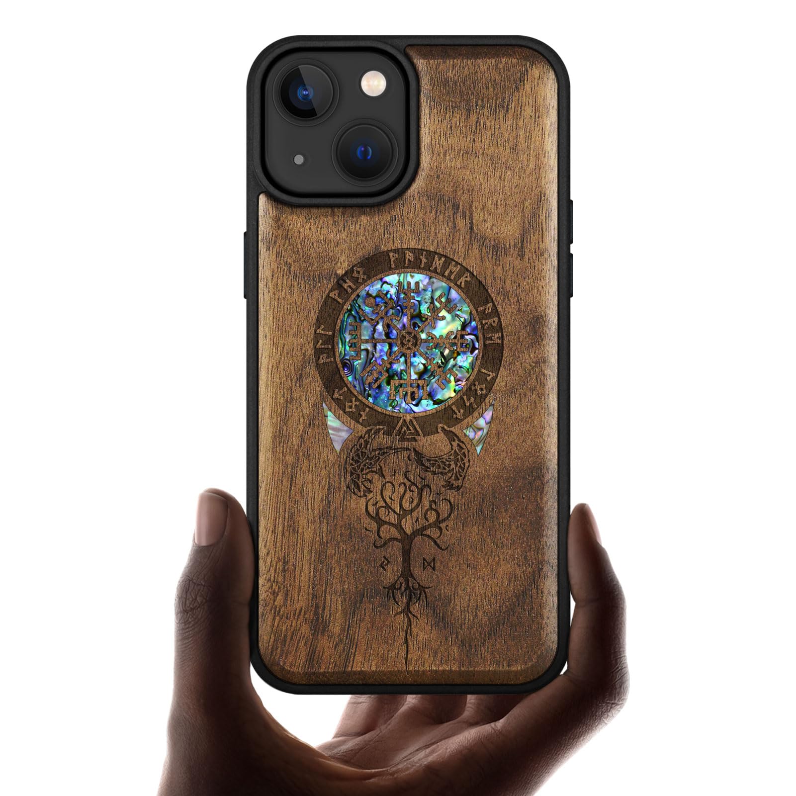 CarveitDesigner Wooden Protective Case for iPhone 15 Magnetic Case Cover [Wood Engraving & Shell Inlay] Compatible with iPhone 15 MagSafe Case (Viking Symbol-Walnut)