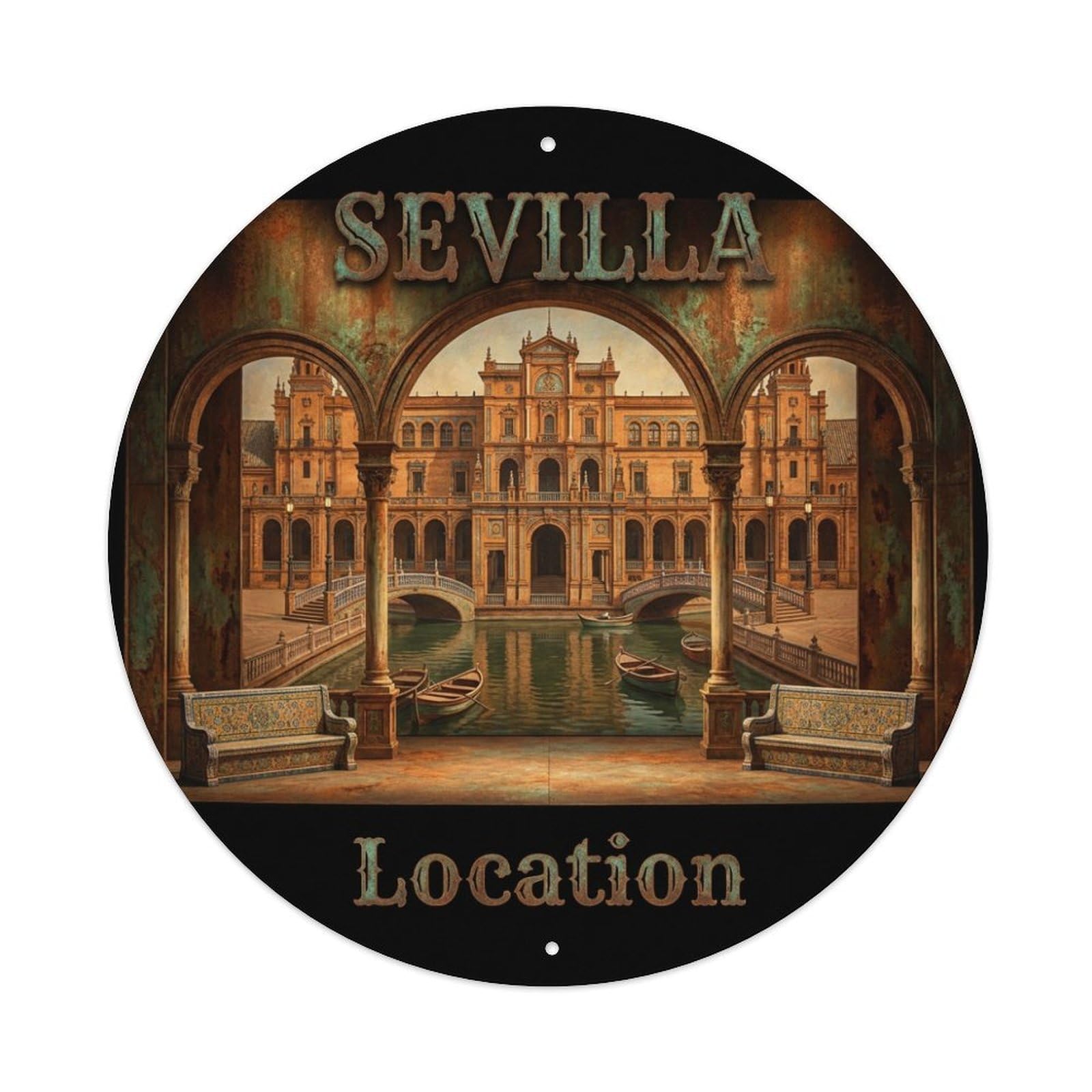 Vintage Travel Seville Spain Setting Vintage Metal Tin Sign Plaque Wall Decor for Cafe, Club Bar, Office, Garden Metal Poster 8x8Inch
