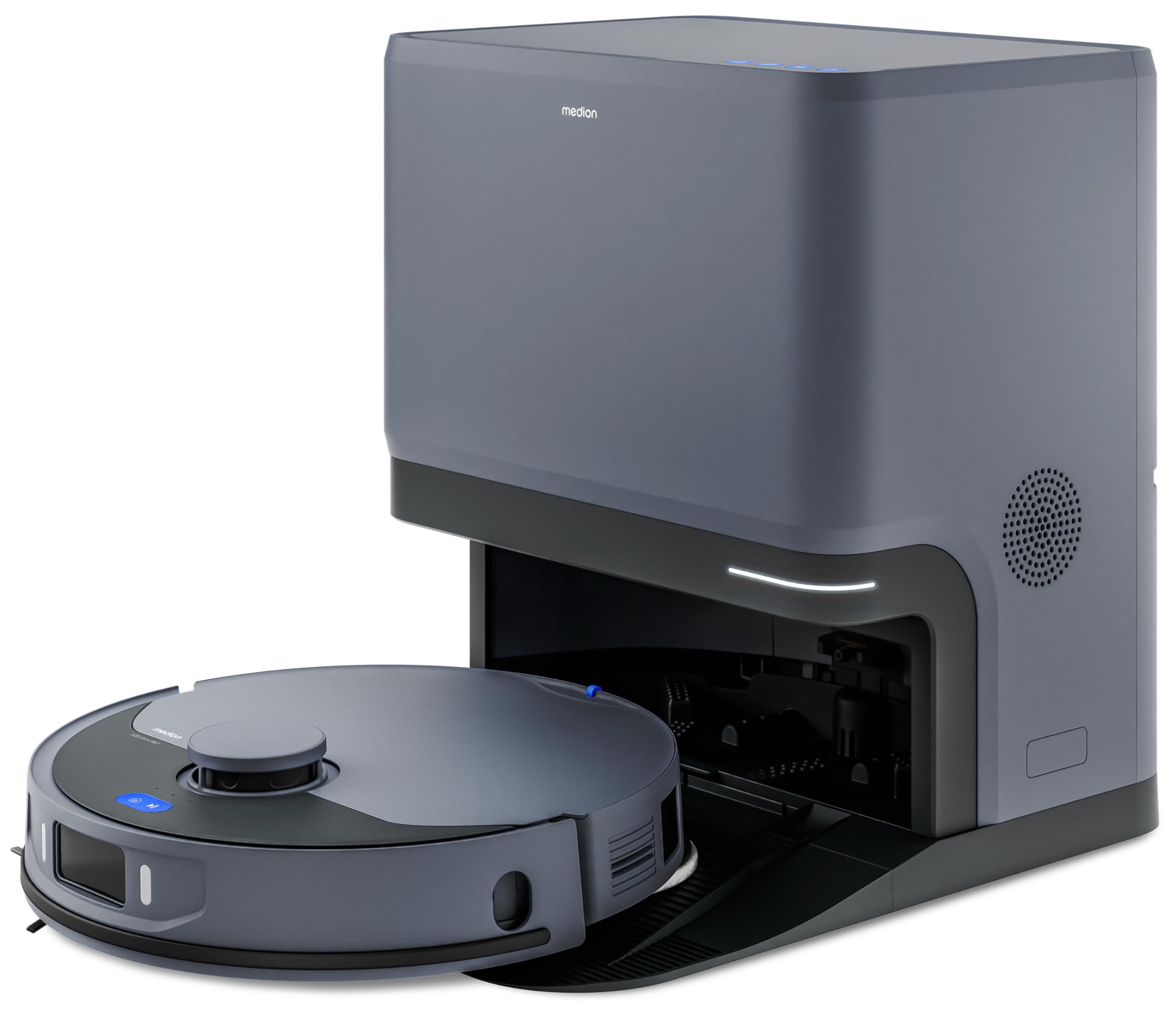 MEDION Saugroboter mit 3-in-1 Absaugstation, Lasernavigation und Wischfunktion X55 SW+ Pro (Starke 10000Pa Saugkraft, 2in1 Roboterstaubsauger, rotierende Wischmopps, Kreuzlinienlaser)