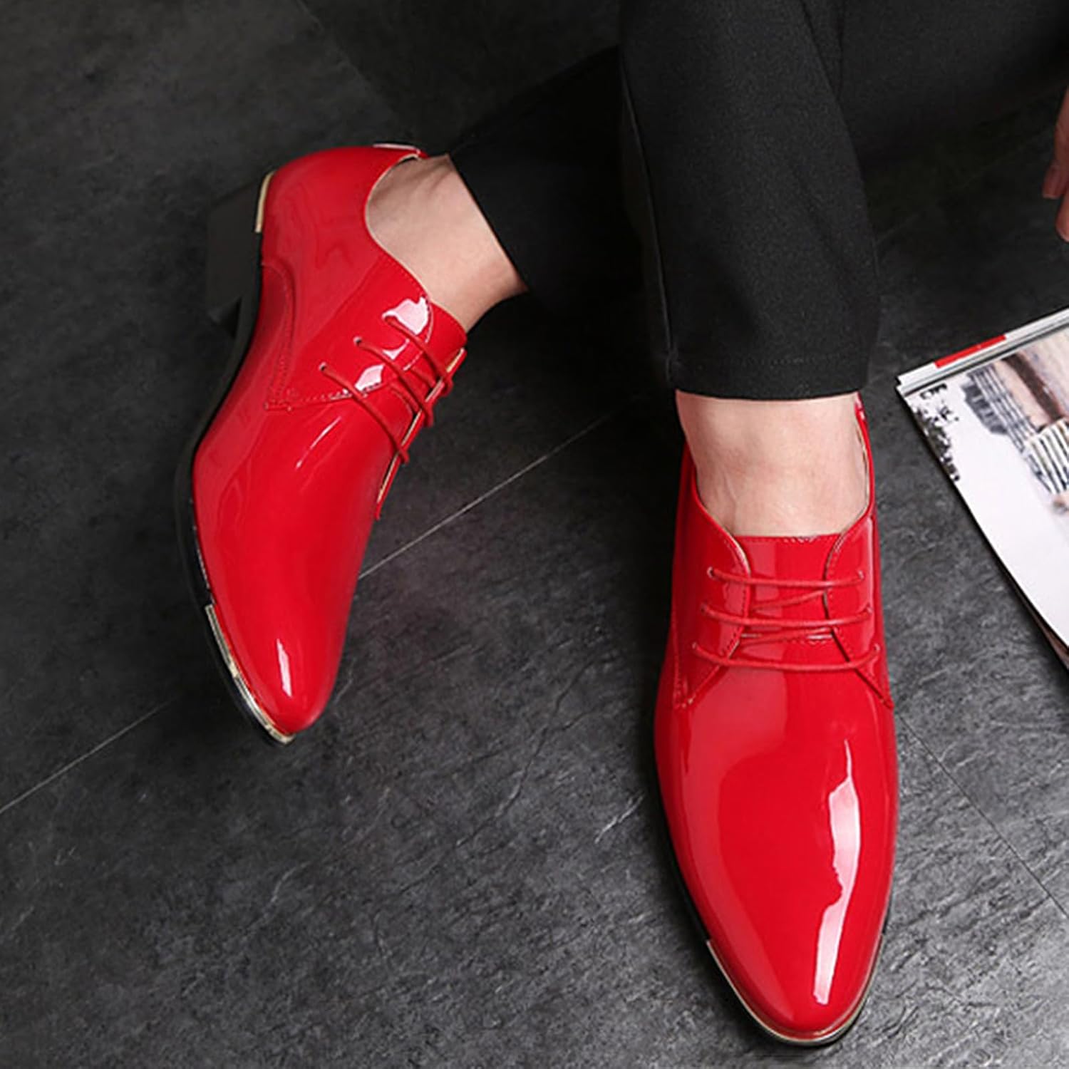 Men's Patent Leather Pointed Toe Derby Dress Shoes Classic Lace-Up Tuxedo Business Formal Oxford Shoes - Image 3