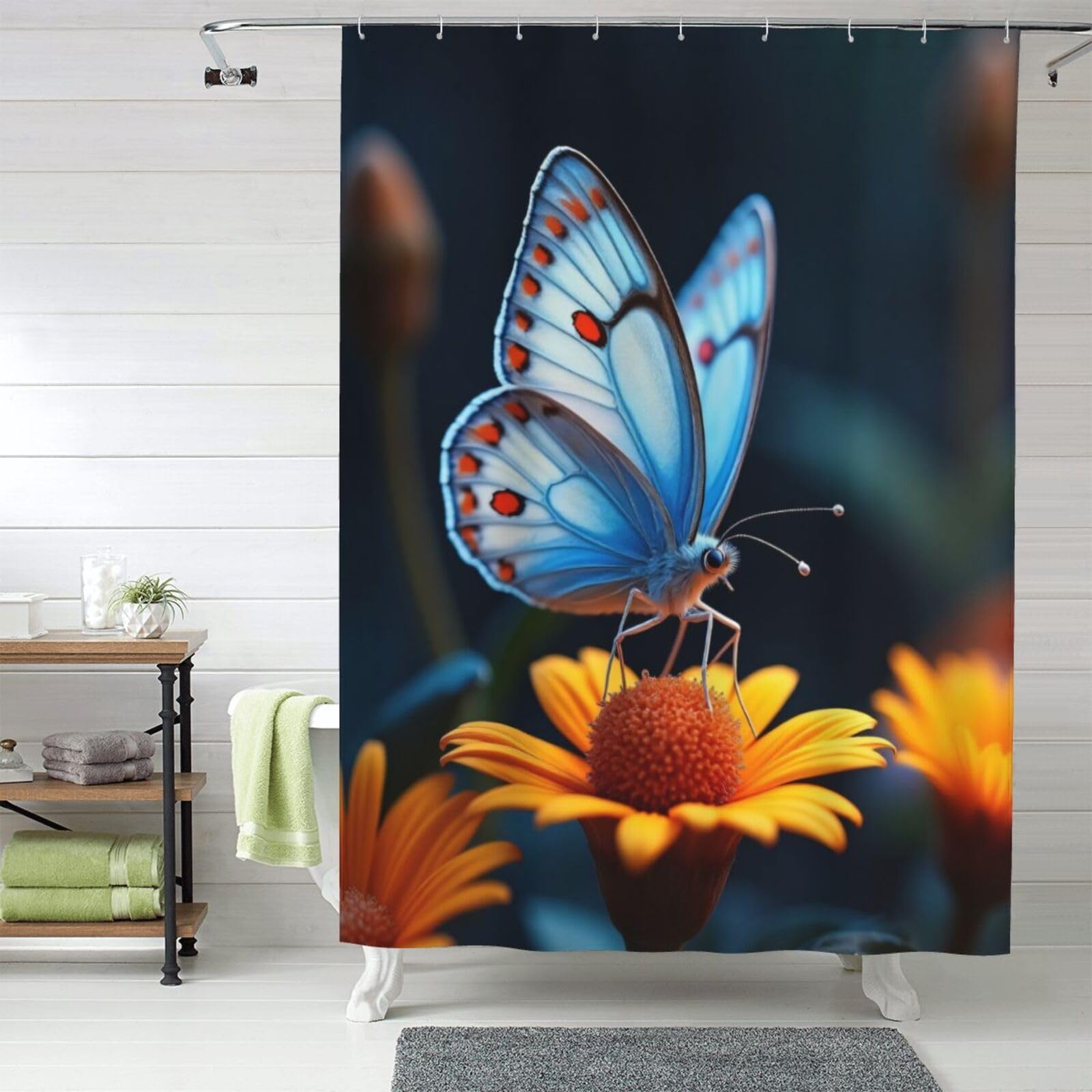 Rideau de douche imprimé botanique papillon tissu épais 152x183 cm